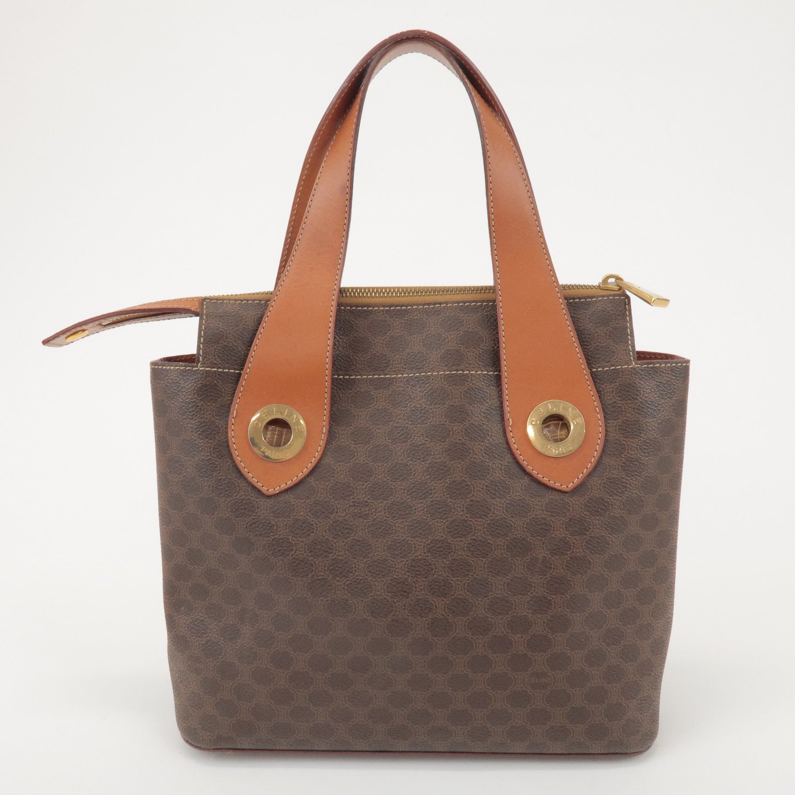 CELINE Macadam PVC Coated Canvas Leather Hand Bag Tote Bag Brown