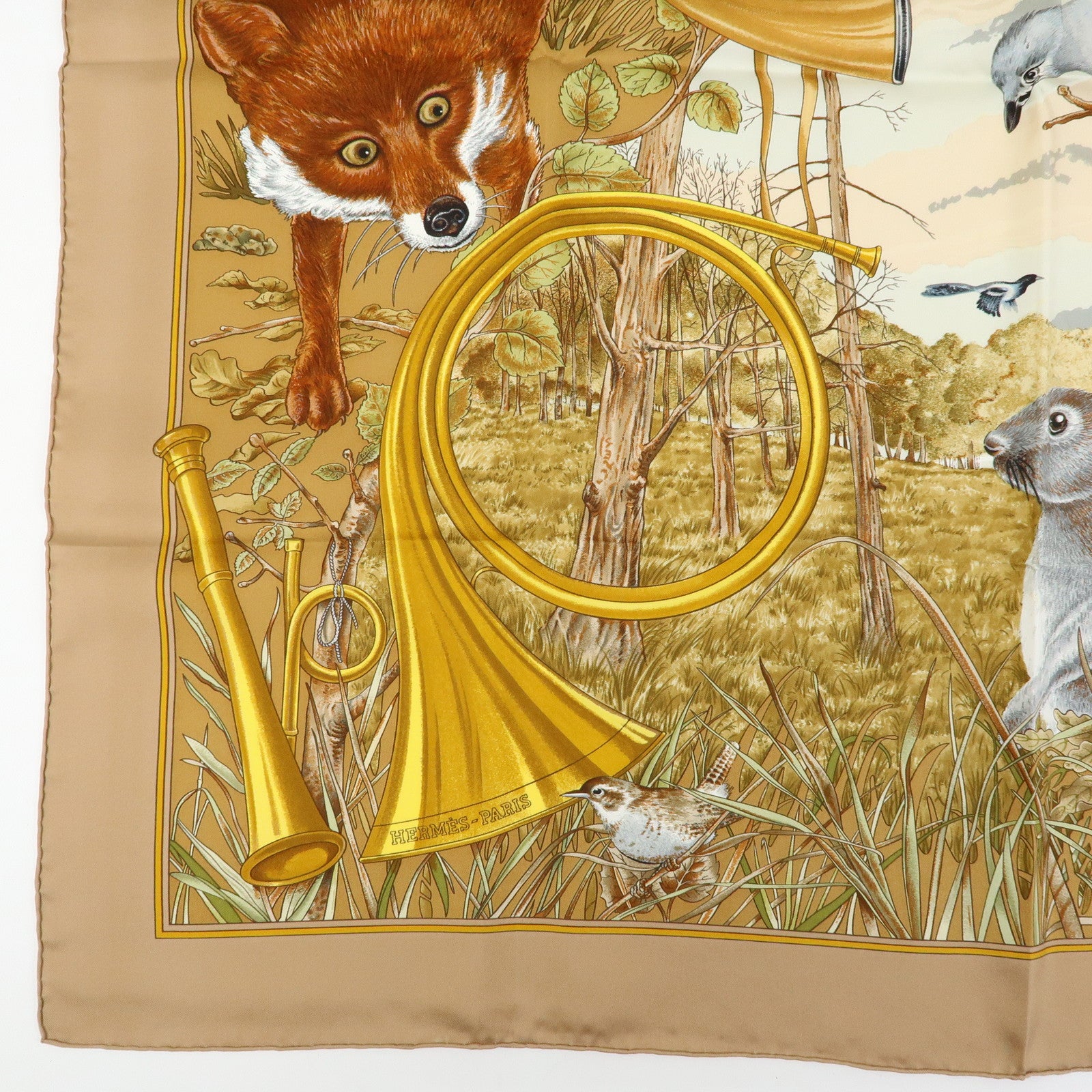 HERMES Carre 90 Silk 100% Scarf CHASSE au BOIS Brown