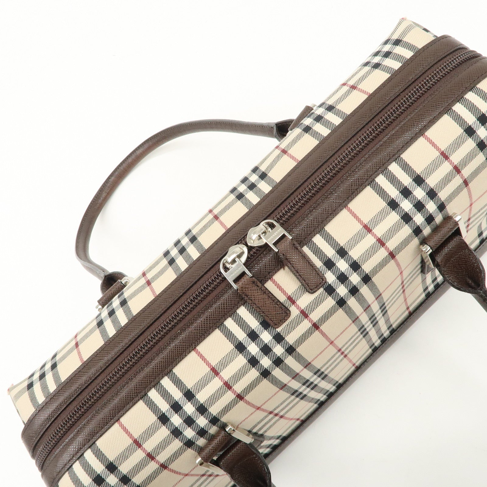 BURBERRY Leather Canvas Boston Bag Hand Bag Nova Plaid Brown Used