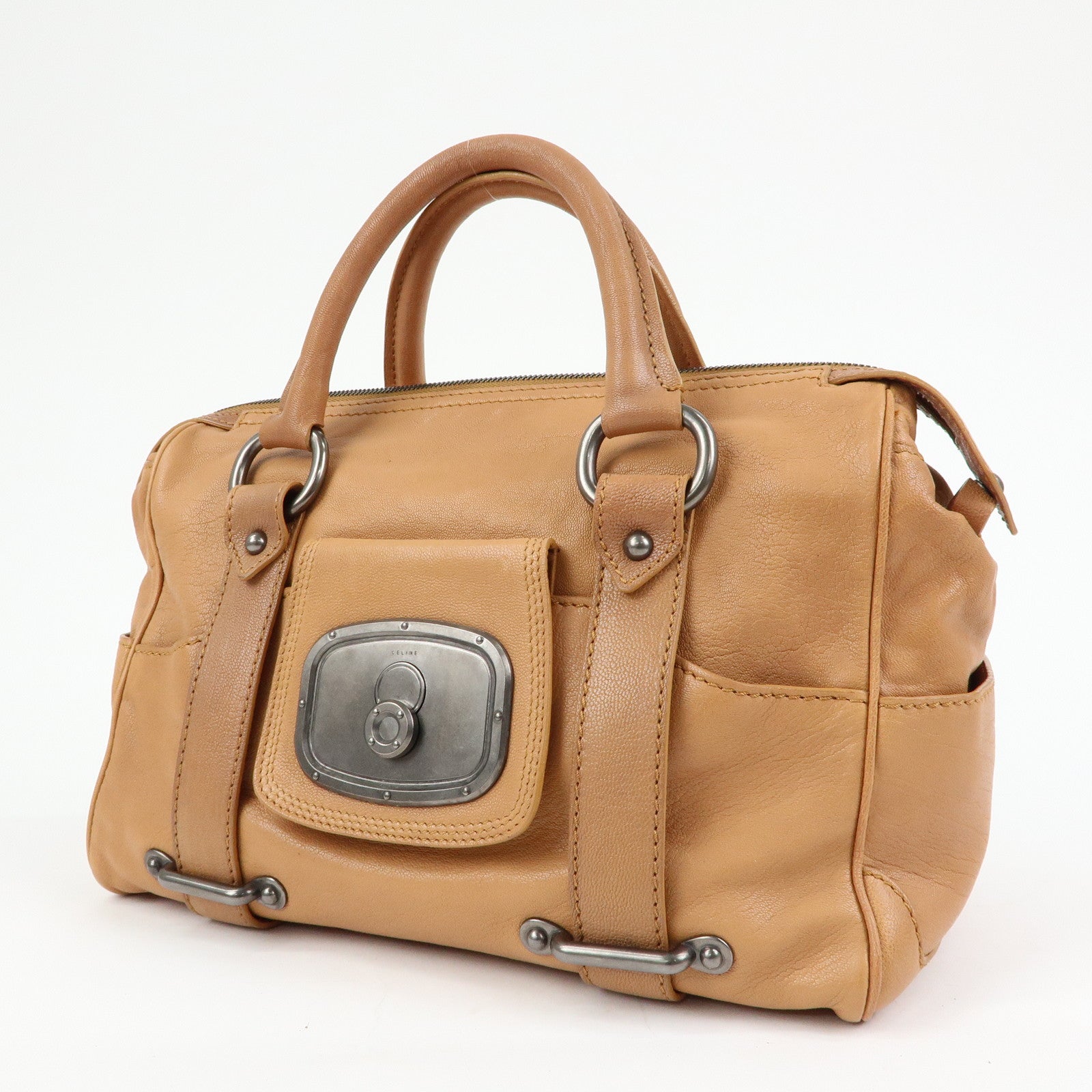 CELINE Logo Leather Hand Bag Boston Bag Hand Bag Brown