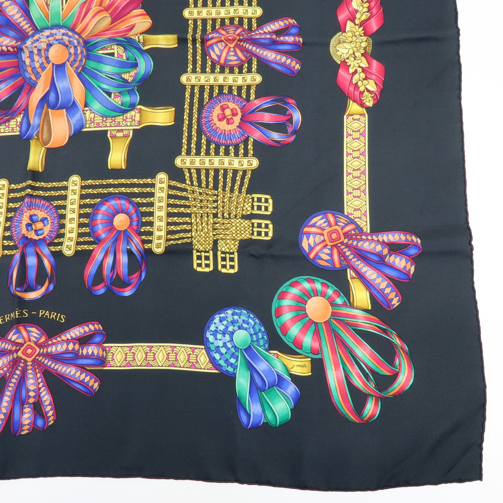 HERMES Carre 90 Silk 100% Scarf LES RUBANS DU CHEVAL Black Gold
