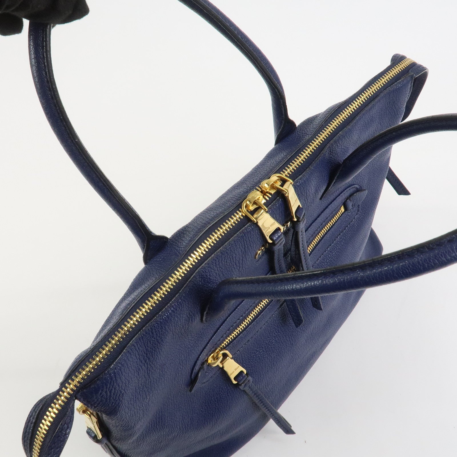 MIU MIU Madras Leather 2Way Hand Bag Shoulder Bag Blue 5BG136