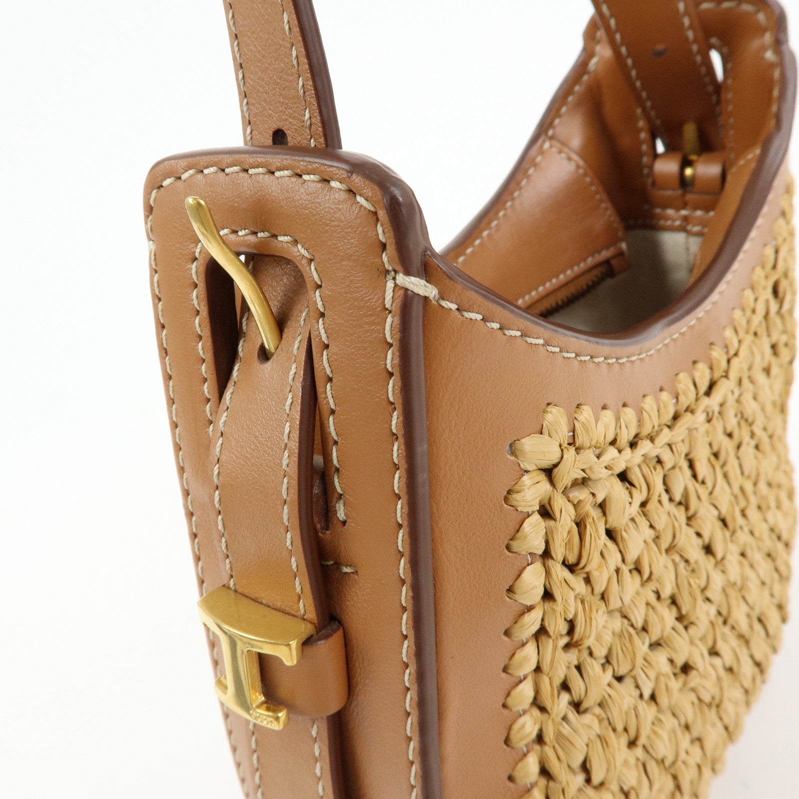 TOD'S Oboe Raffia Leather Shoulder Bag Crossbody Bag Beige Brown