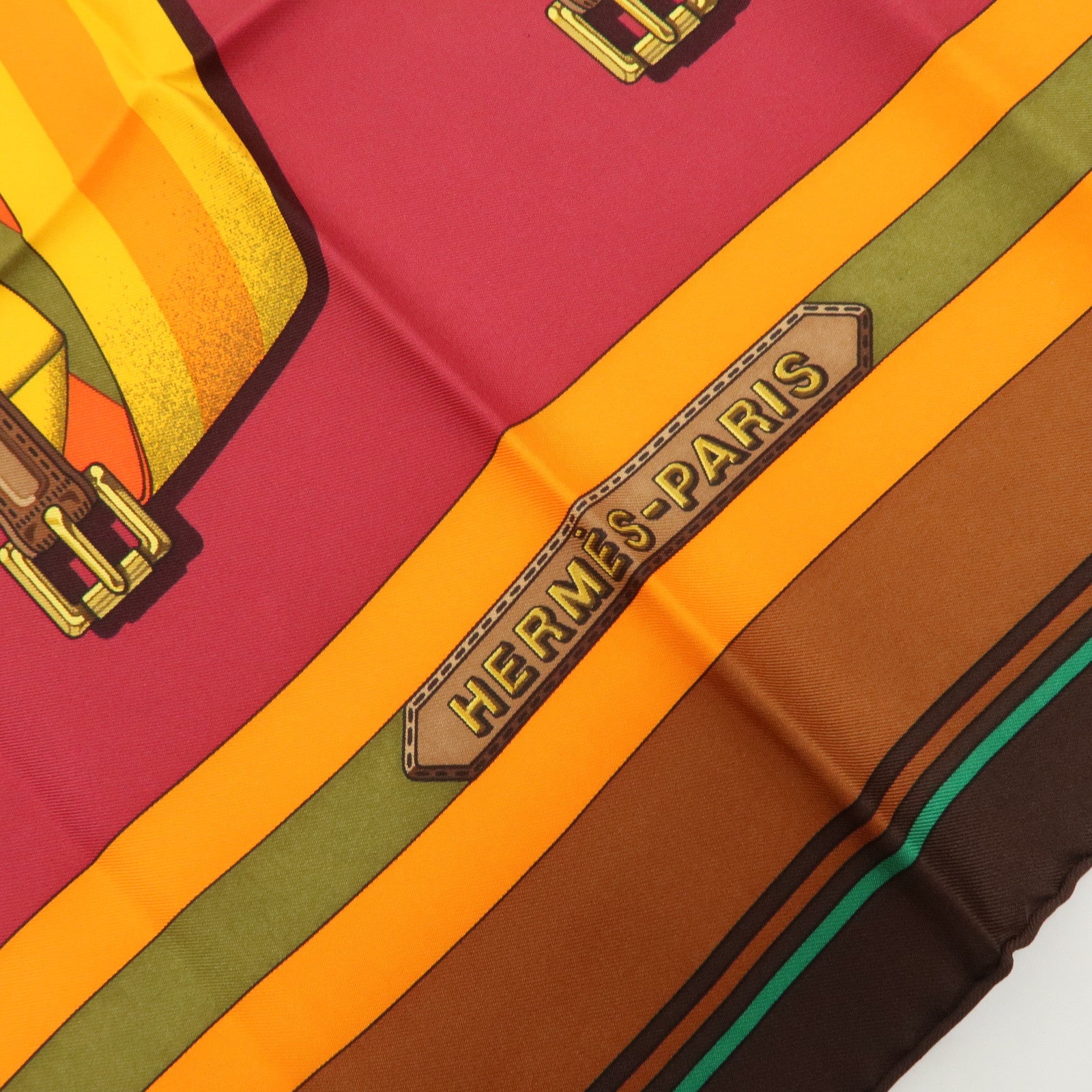 HERMES Carre 90 Silk 100% Scarf J.METZ Les Sangles Wine Red Yellow