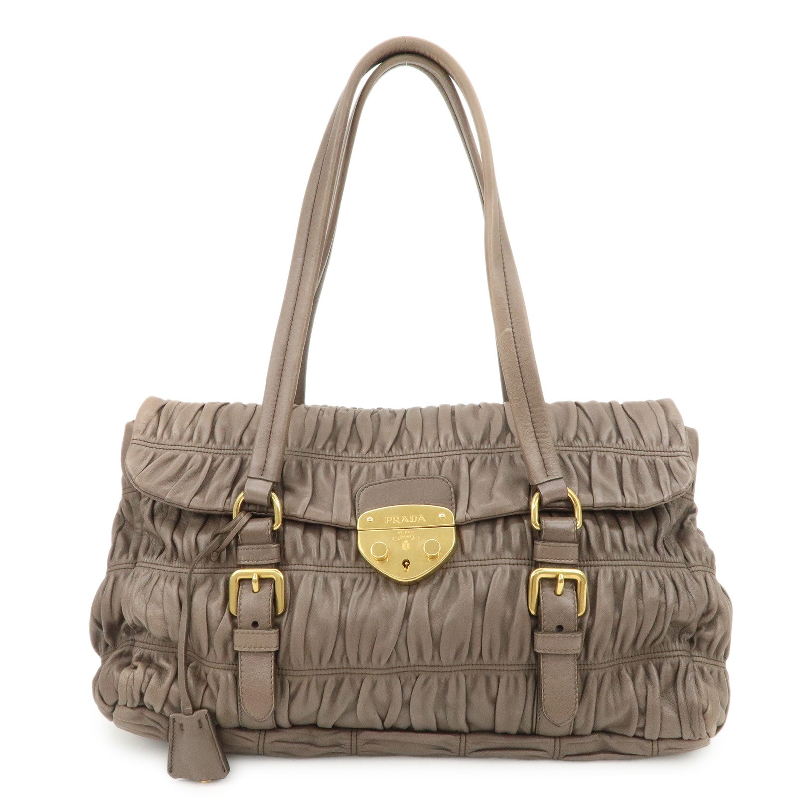 PRADA Logo Nappa Gaufre Leather Shoulder Bag Greige BR4443