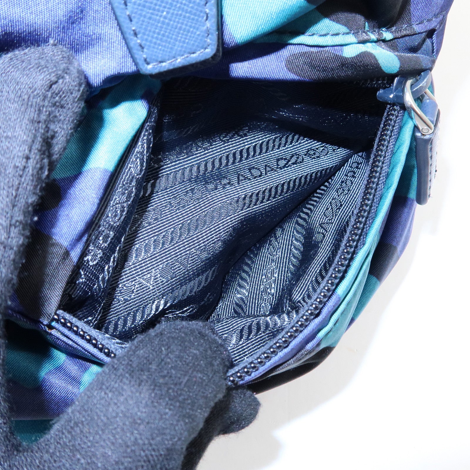 PRADA Triangle Logo Nylon Leather Backpack Camouflage Motif Blue