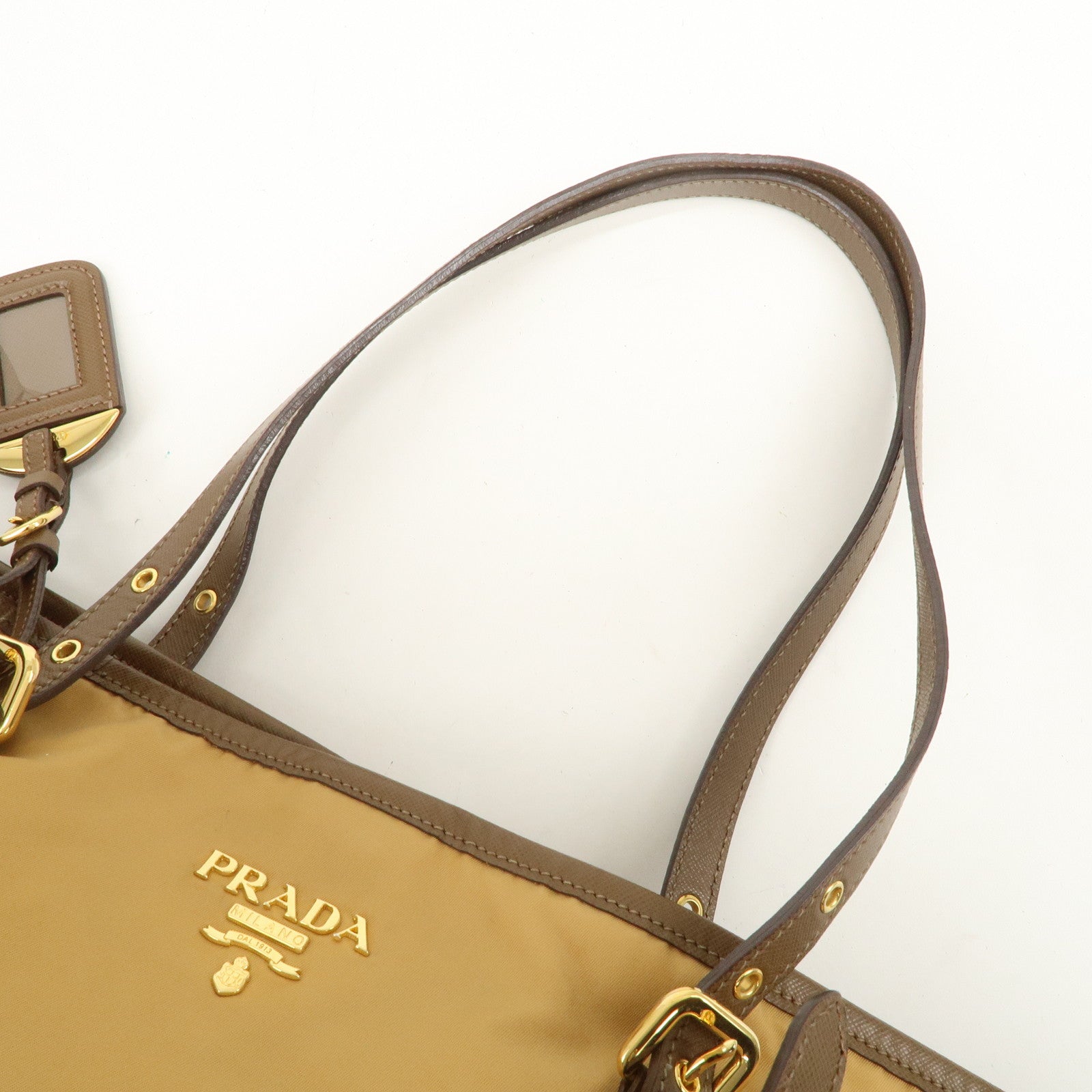 PRADA Logo Nylon Saffiano Leather Tote Bag Shoulder Bag Light Brown