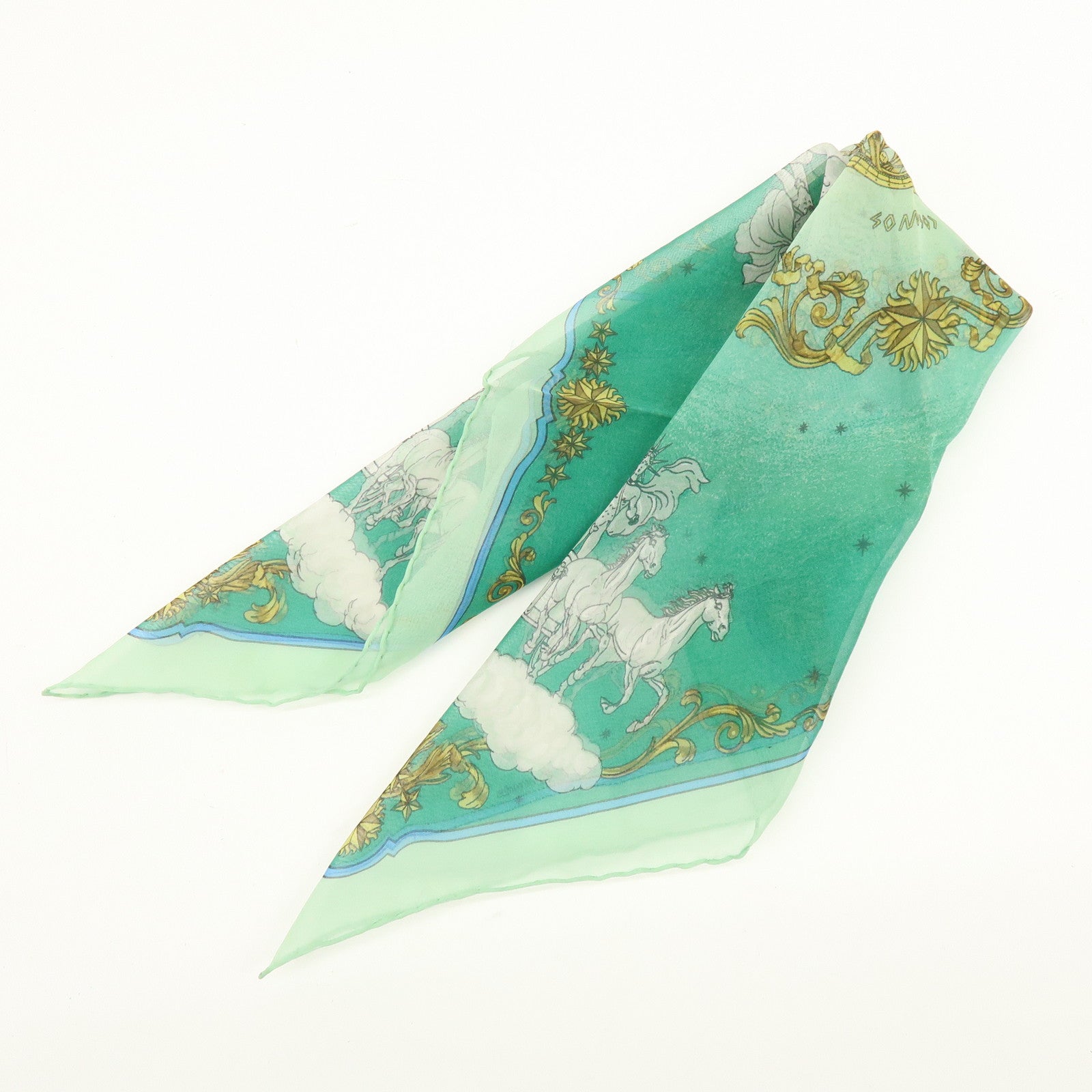 HERMES Carre 40 Silk Scarf COSMOS Horse-drawn Carriage Motif Green