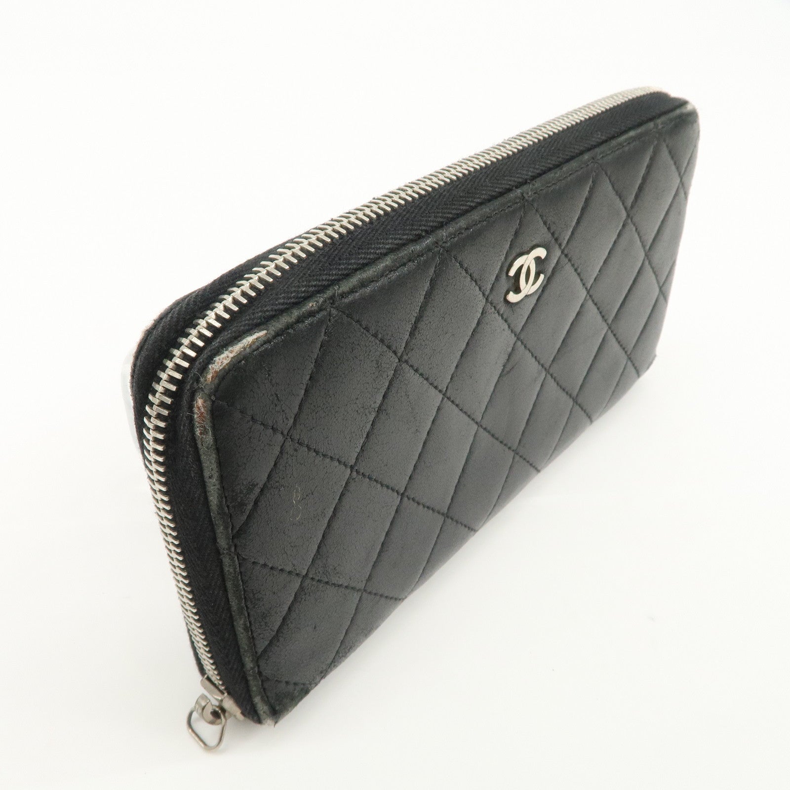 CHANEL Matelasse Lamb Skin Round Zippy Long Wallet Black A50097