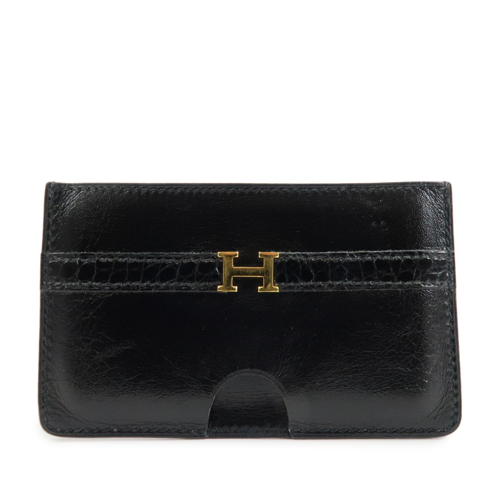 HERMES Leather □T Stamped Card Case Balck Gold Used