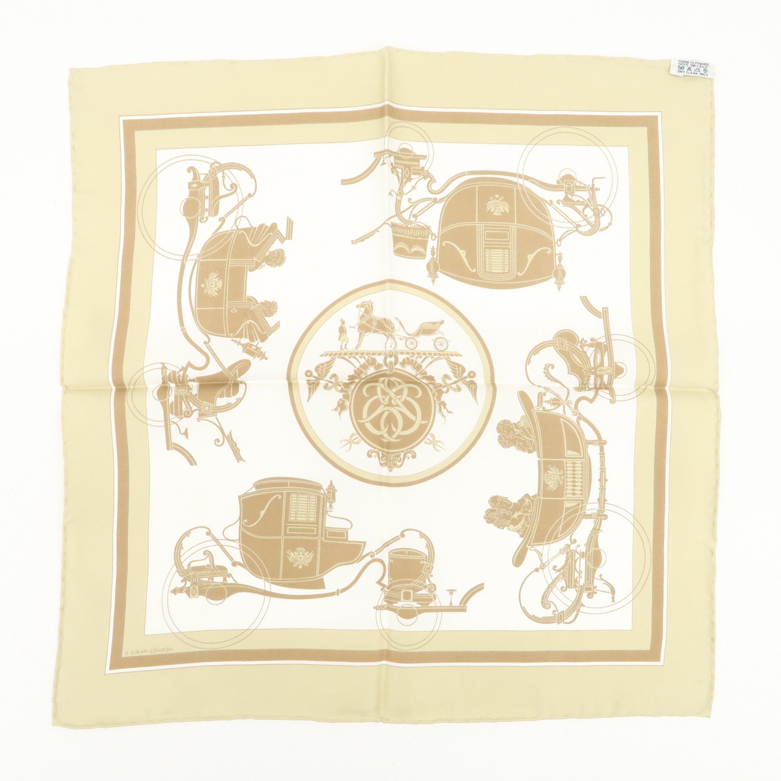 HERMES Carre 40 Silk 100% Scarf EX-LIBRIS Beige White