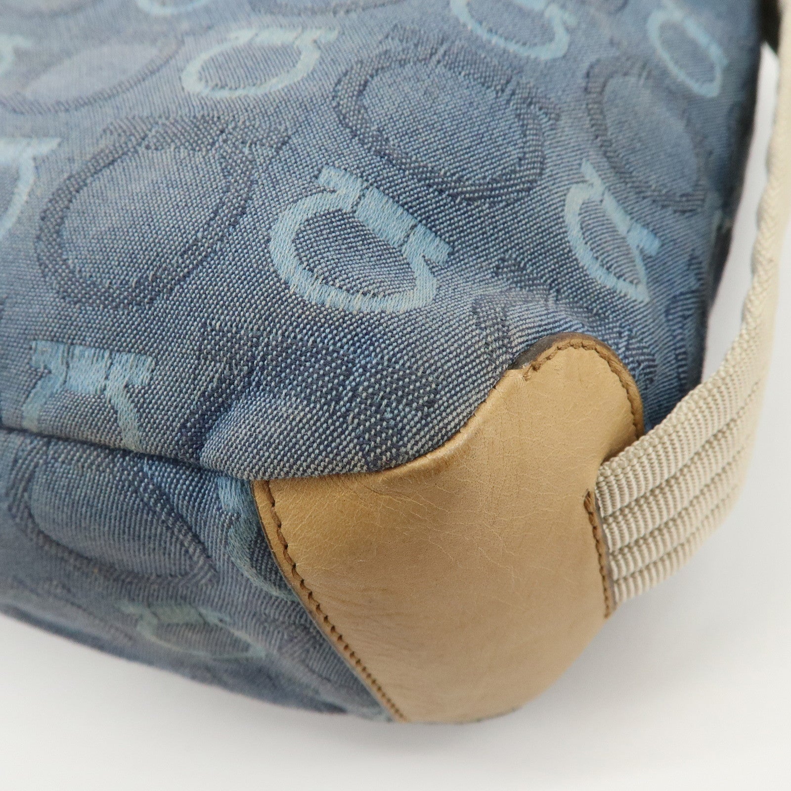 Ferragamo Gancini Canvas Leather Shoulder Bag Hand Bag Blue Beige