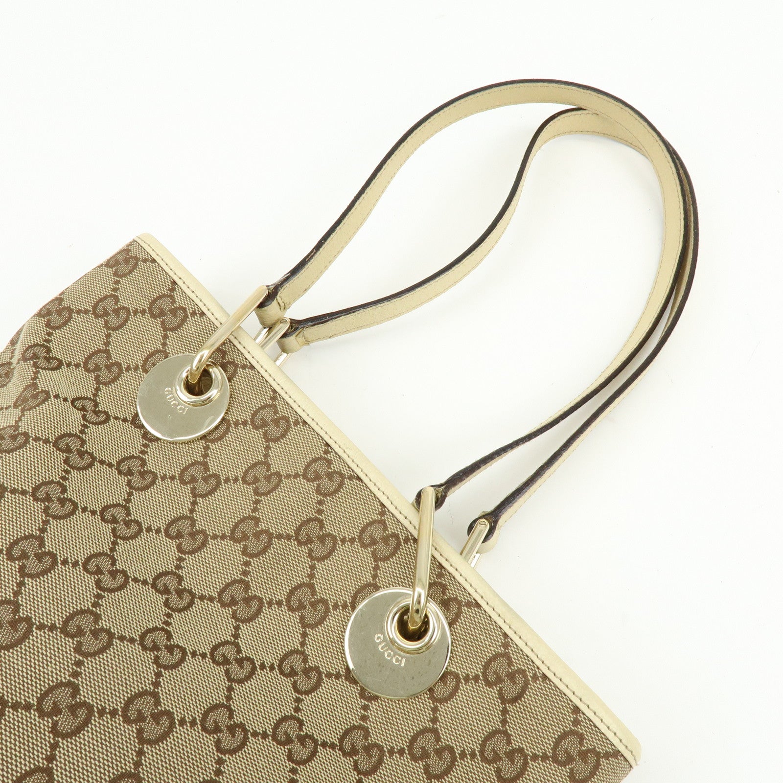 GUCCI GG Canvas Leather Tote Bag Hand Bag Beige Ivory 120840