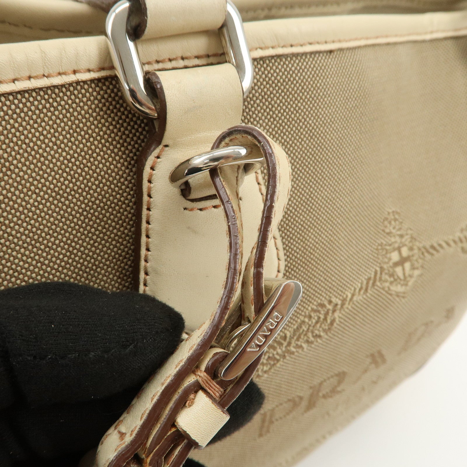PRADA Logo Jacquard Leather 2Way Shoulder Bag Tote Bag Beige BR3414