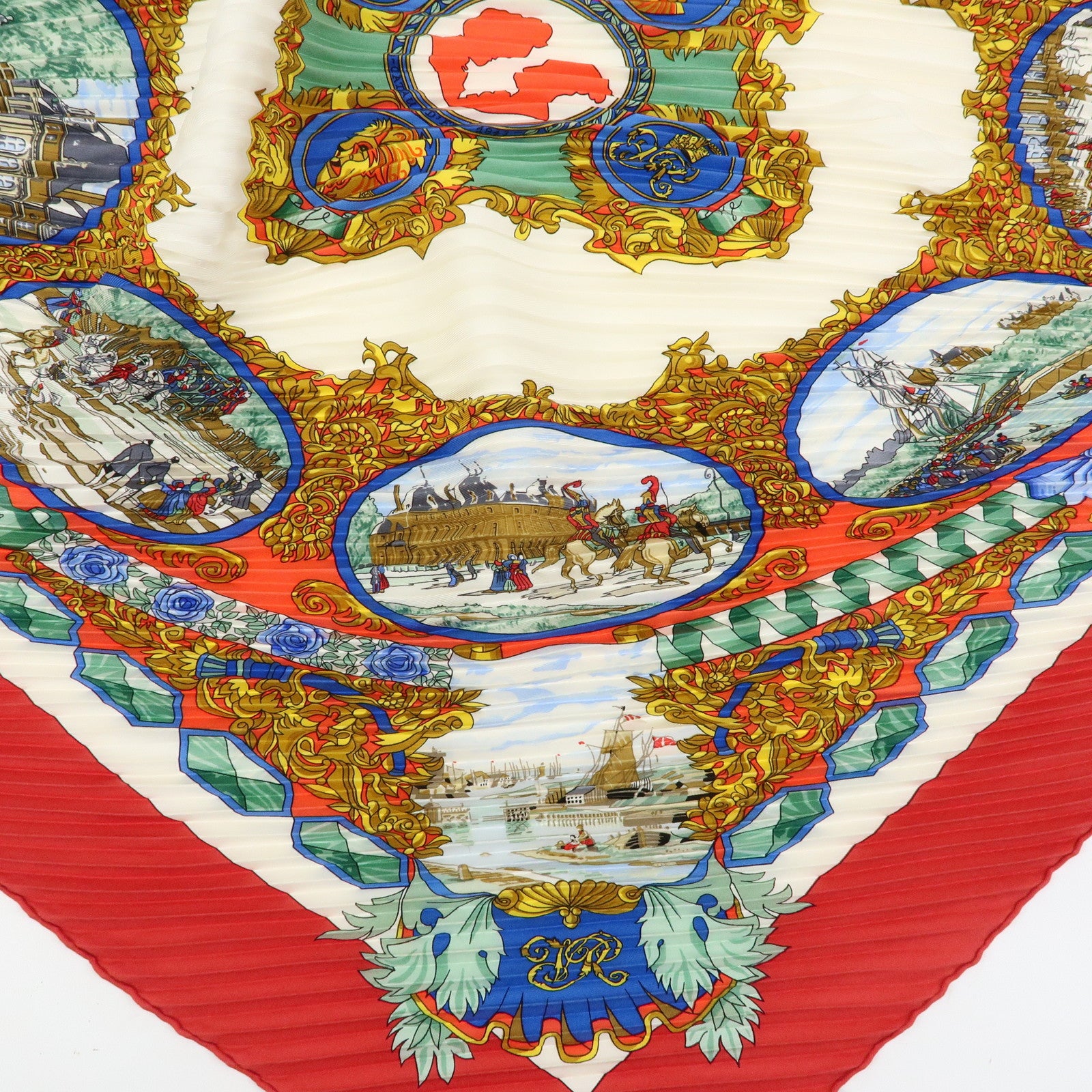 HERMES Pleated Carre Silk 100% Scarf L'ENTENTE CORDIALE Red Blue