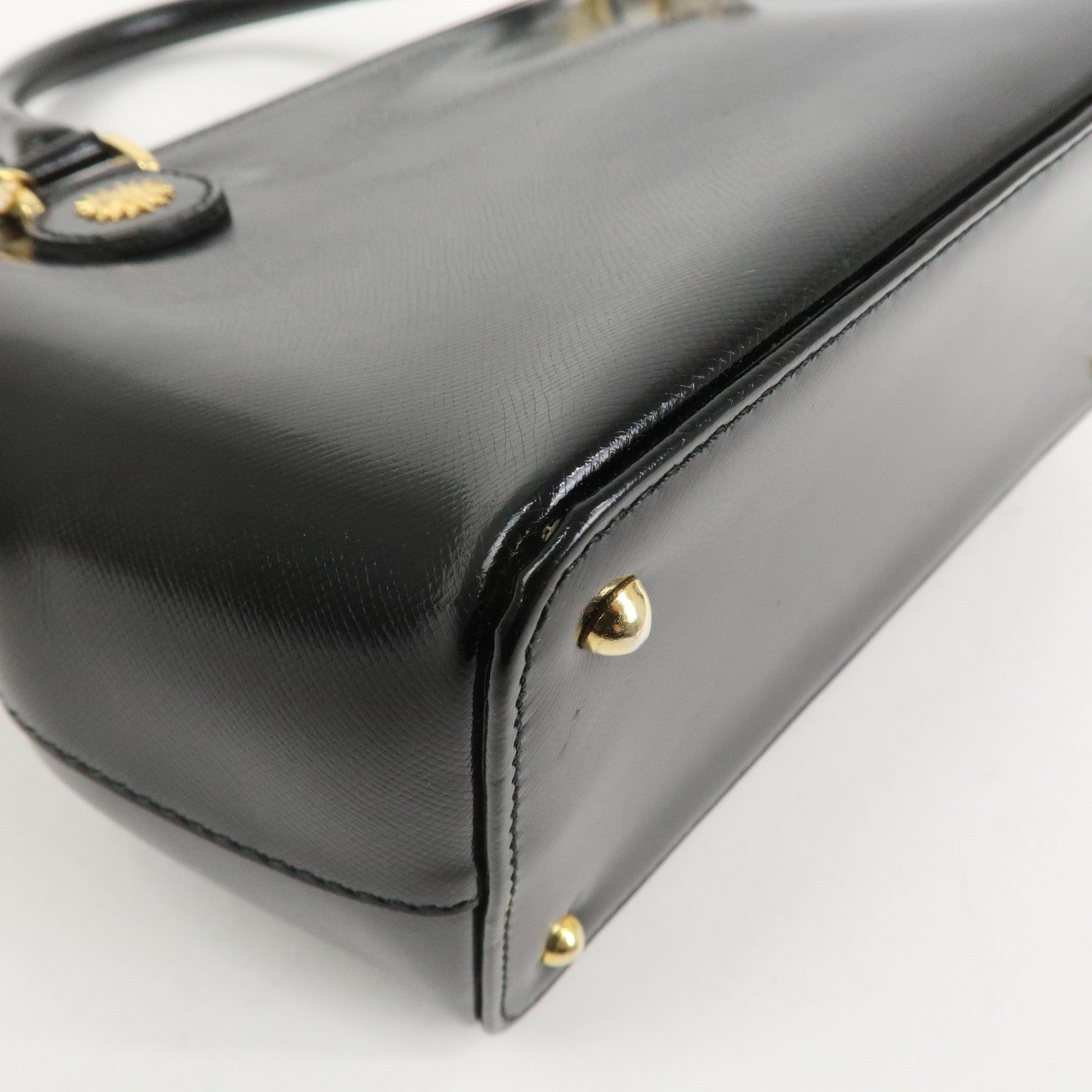 VERSACE Leather 2Way Hand Bag Shoulder Bag Black Gold