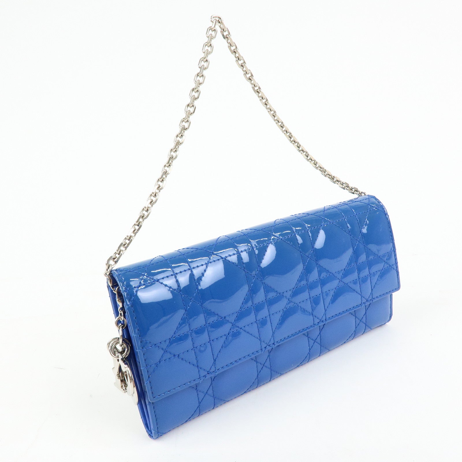 Christian Dior Cannage Patent Leather Chain Wallet WOC Blue Silver