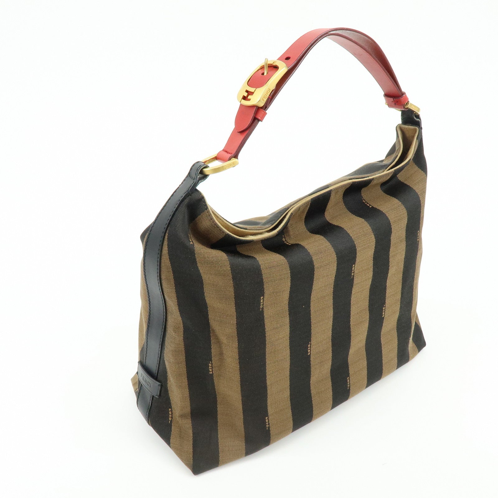 FENDI Pequin Canvas Leather Shoulder Bag Hand Bag Brown Red 8BR653