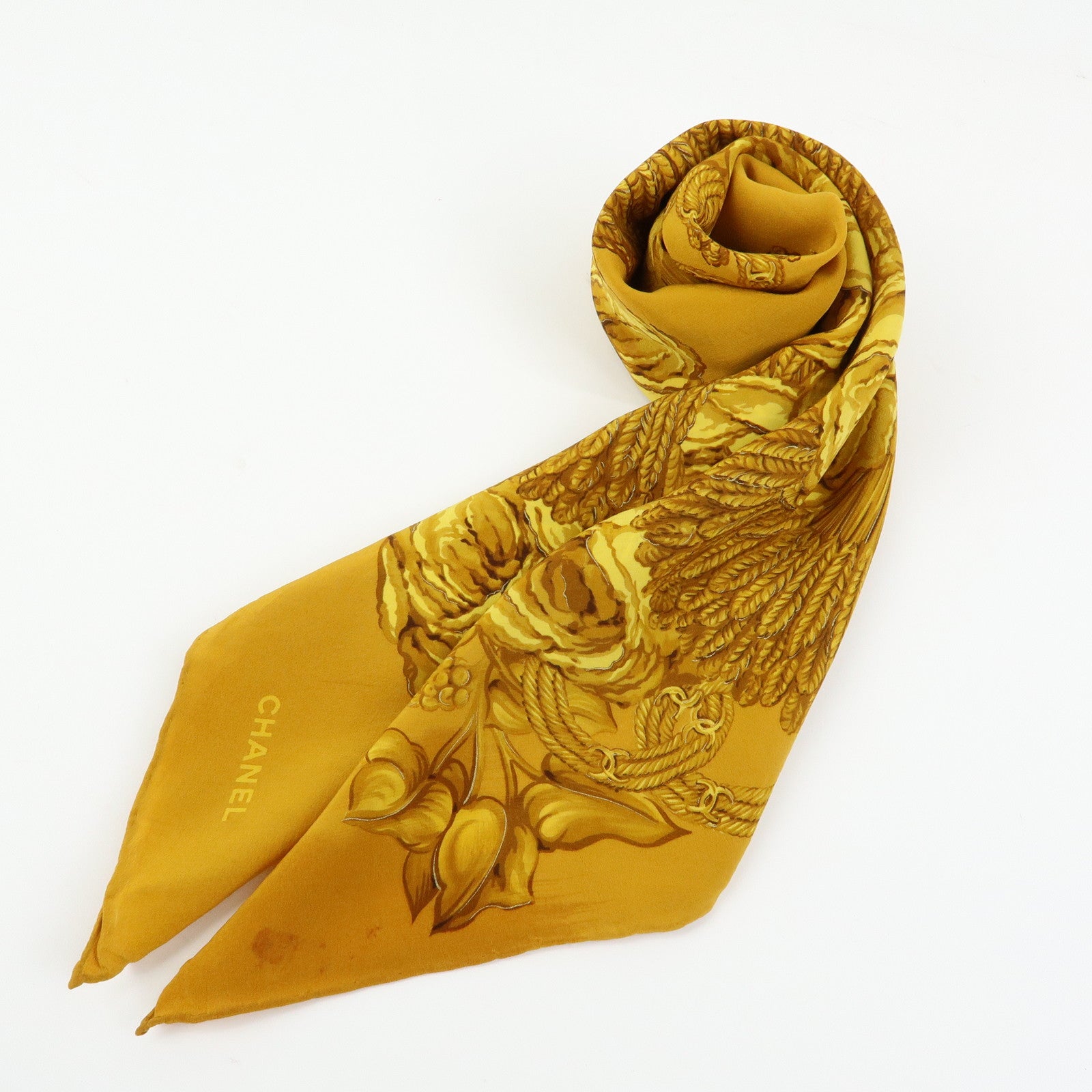 CHANEL Silk 100% Scarf Flower Motif Gold