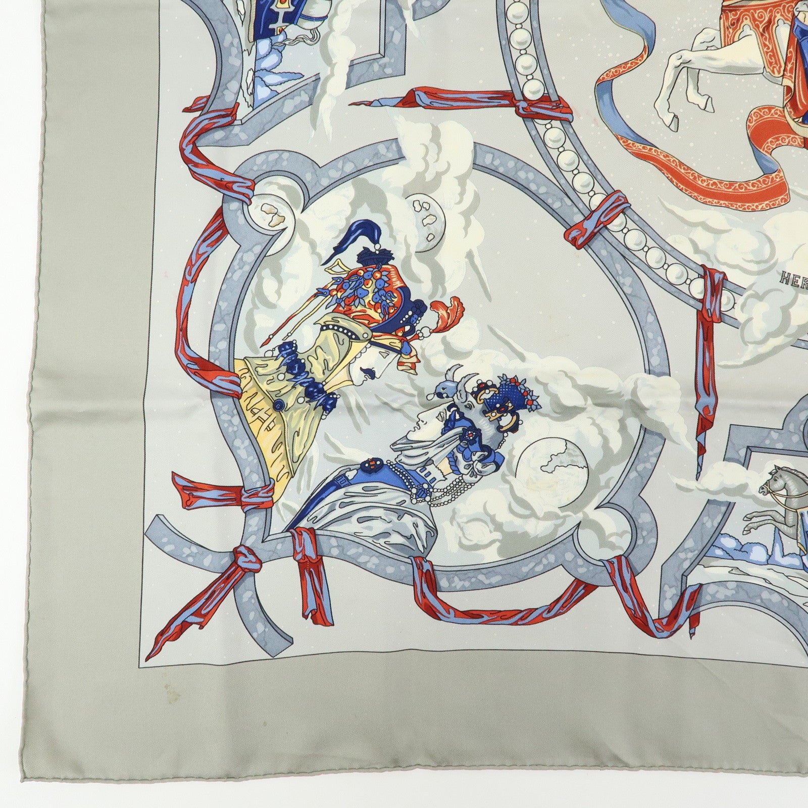 HERMES Carre 90 Silk 100% Scarf CAVALIERS DES NUAGES Gray Blue