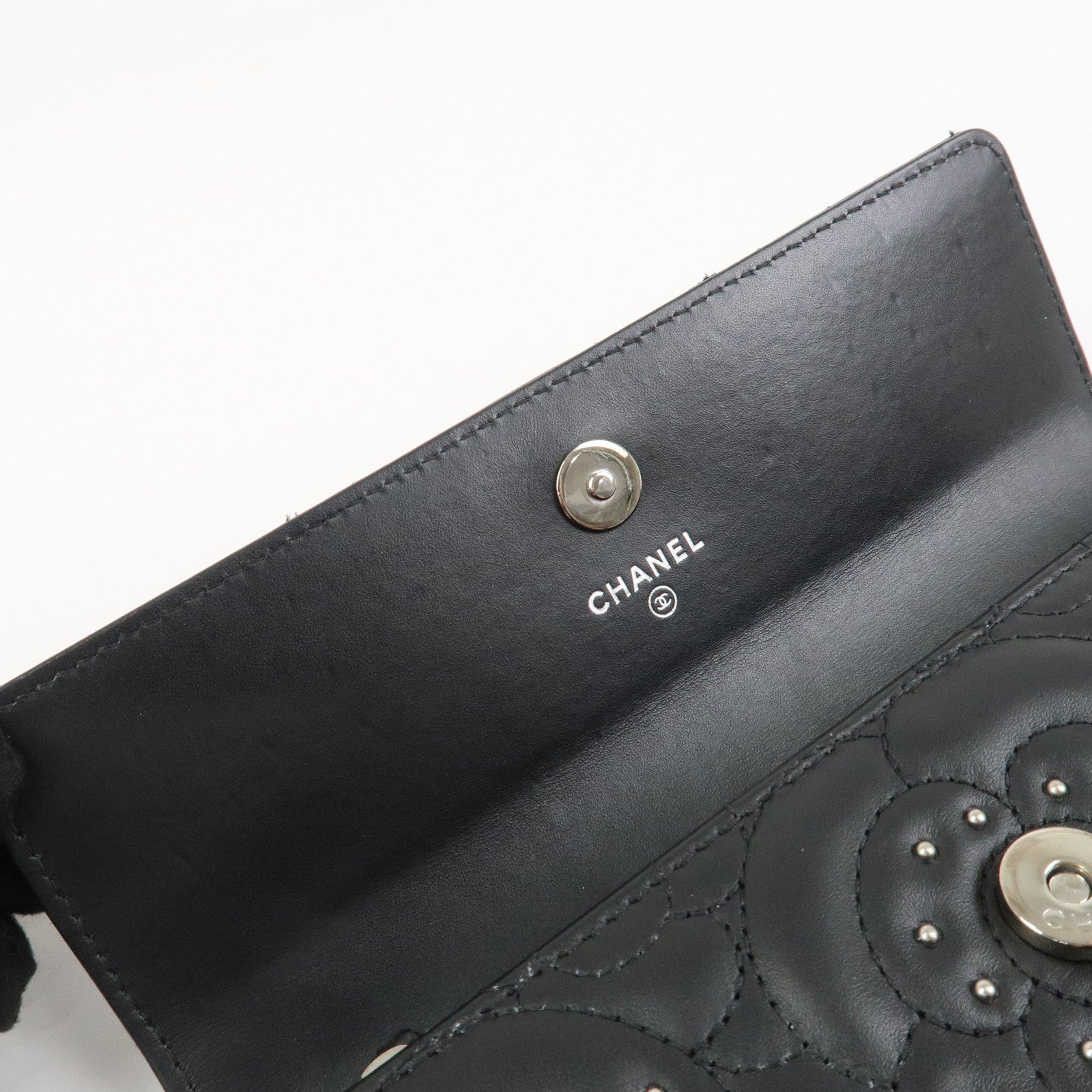 CHANEL Camellia Leather Long Wallet Black Silver Studs A82283