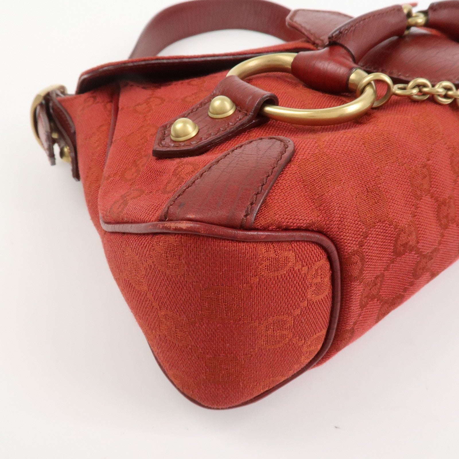 GUCCI Horsebit GG Monogram Canvas Leather Hand Bag Red