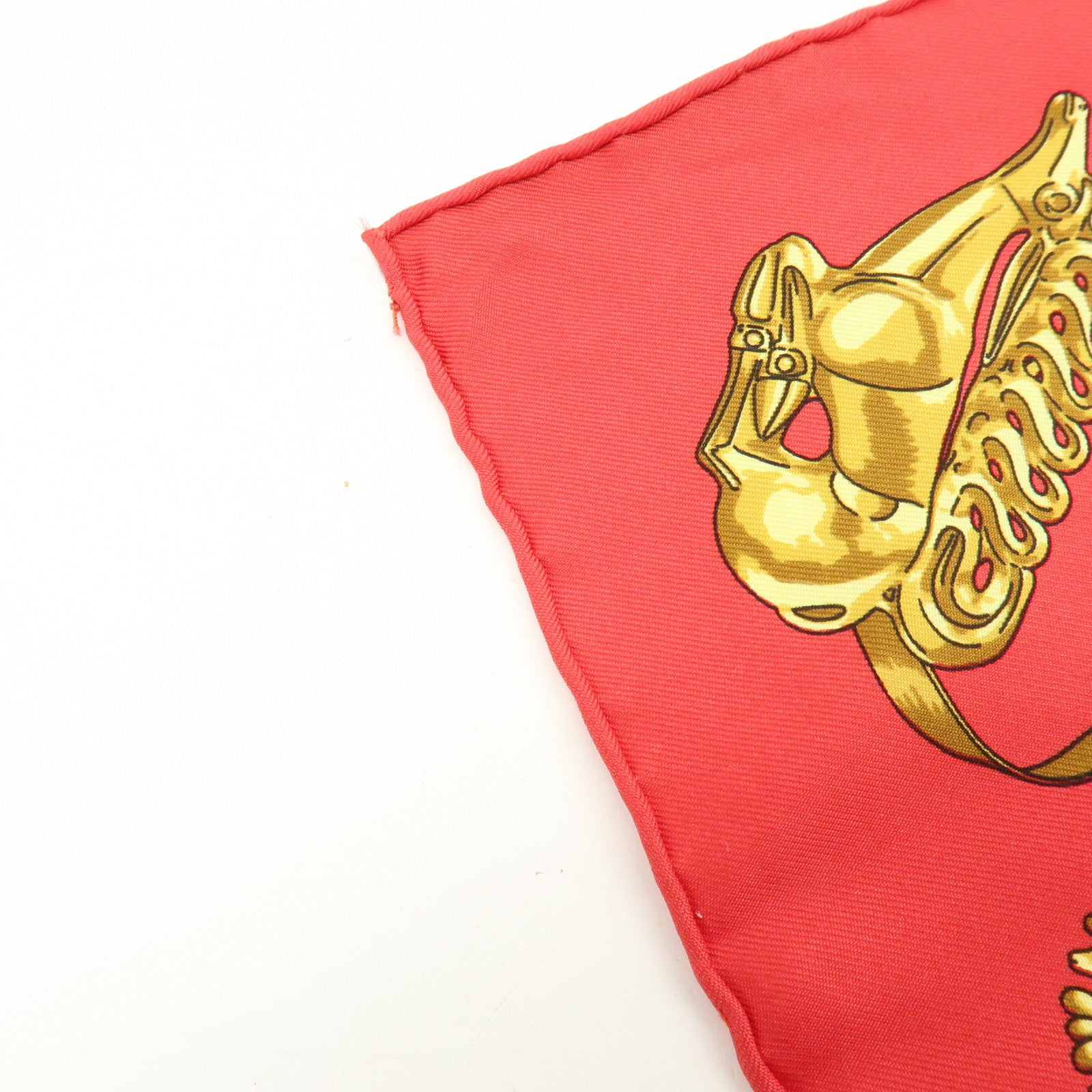 HERMES Carre 40 Silk Scarf LES CAVALIERS D'OR Knight Motif Red Gold