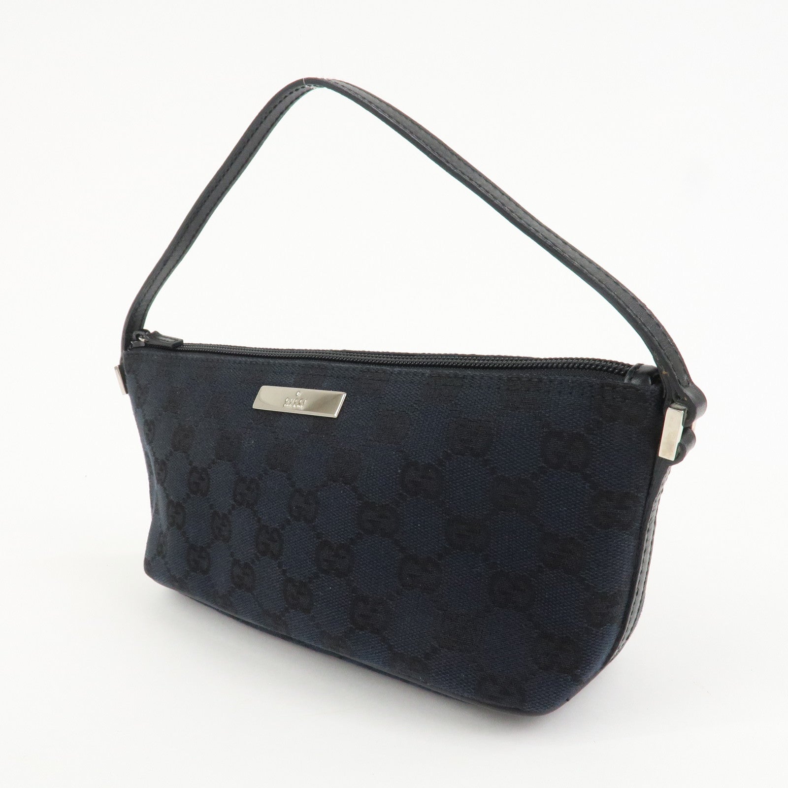 GUCCI GG Canvas Leather Accessory Pouch Hand Bag Navy 039.1103