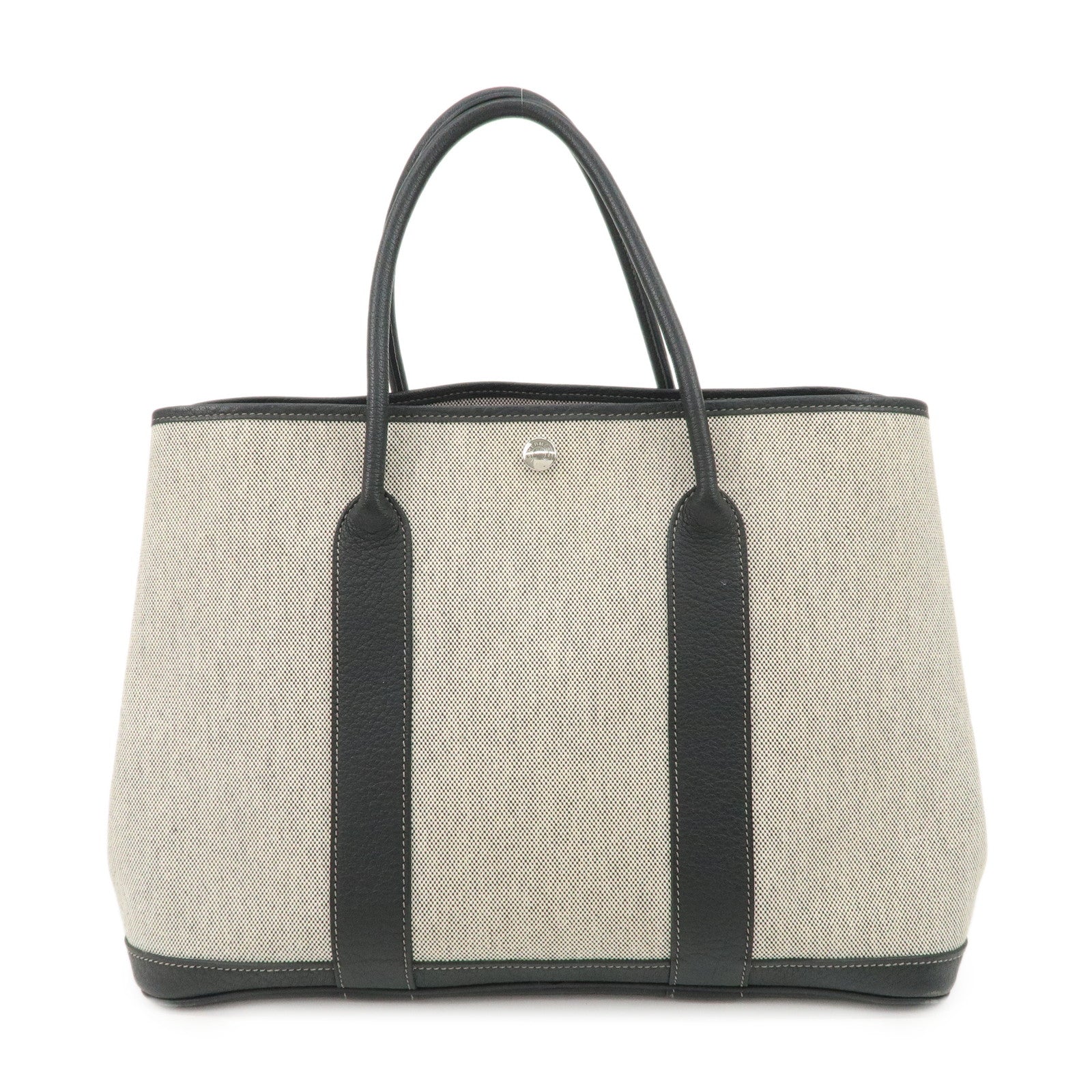 HERMES Leather Toile Garden Party PM P Stamped Tote Bag Natural