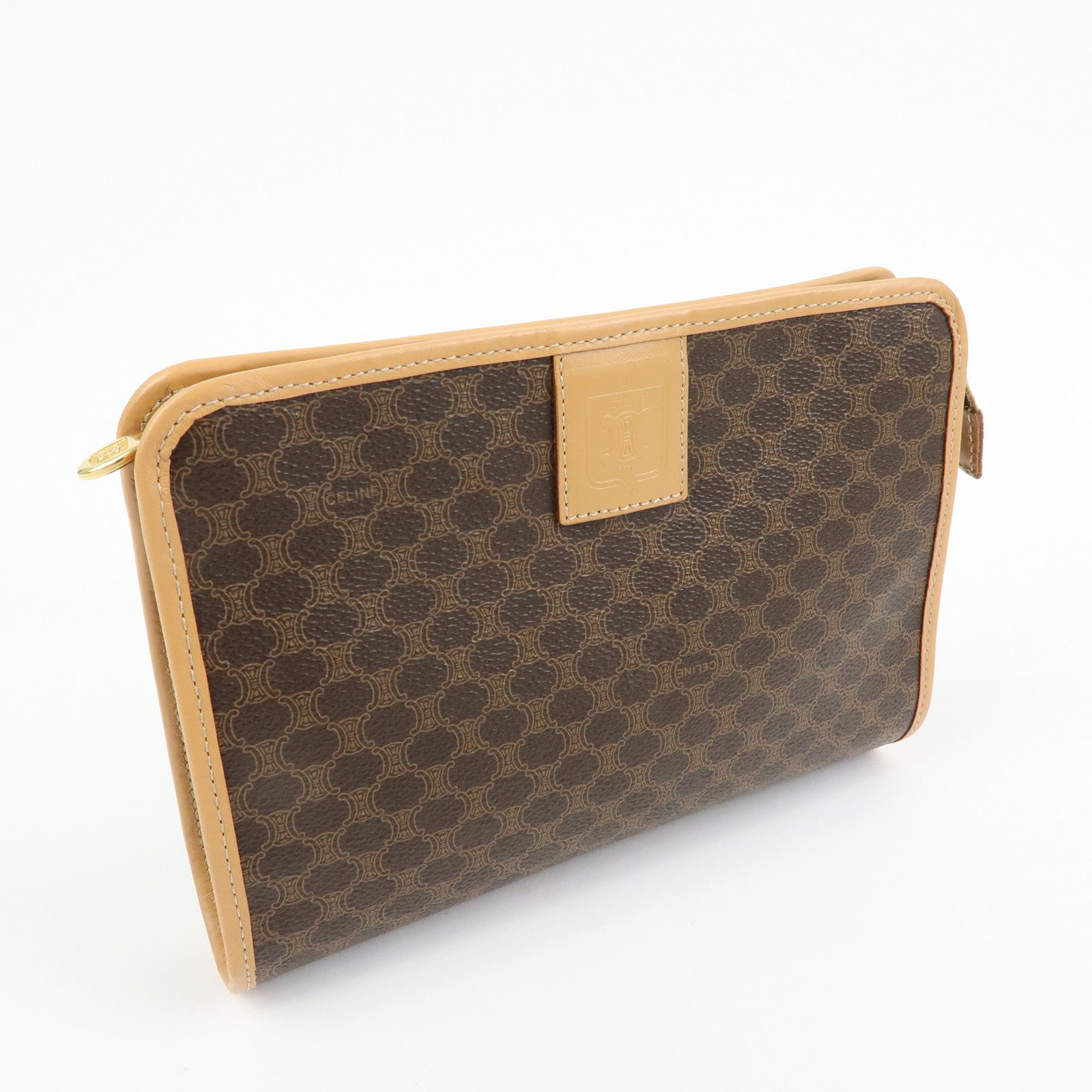 CELINE Macadam PVC Leather Clutch Bag Cosmetic Pouch Brown