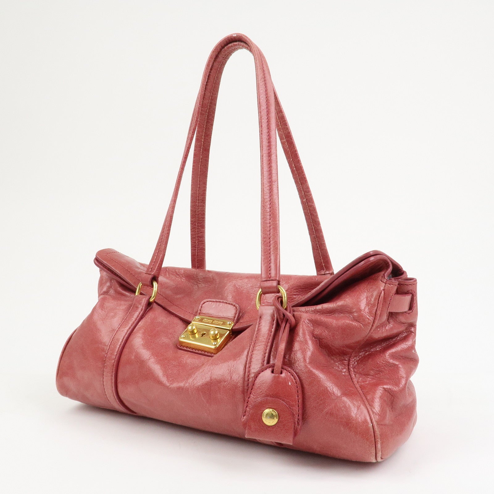 MIU MIU Logo Leather Shoulder Bag Boston Bag Pink RR1941