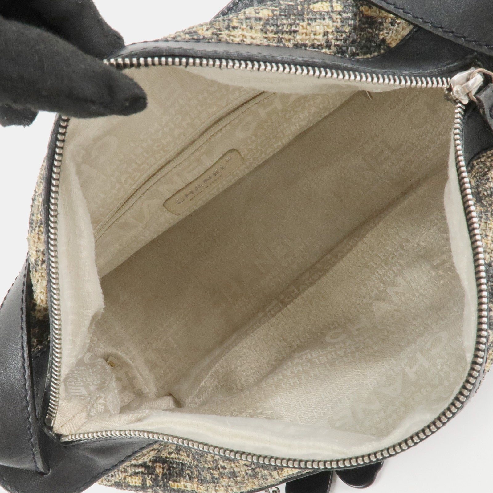 CHANEL COCO Mark Lamb Skin Tweed Shoulder Bag Hand Bag Black Silver HDW Used