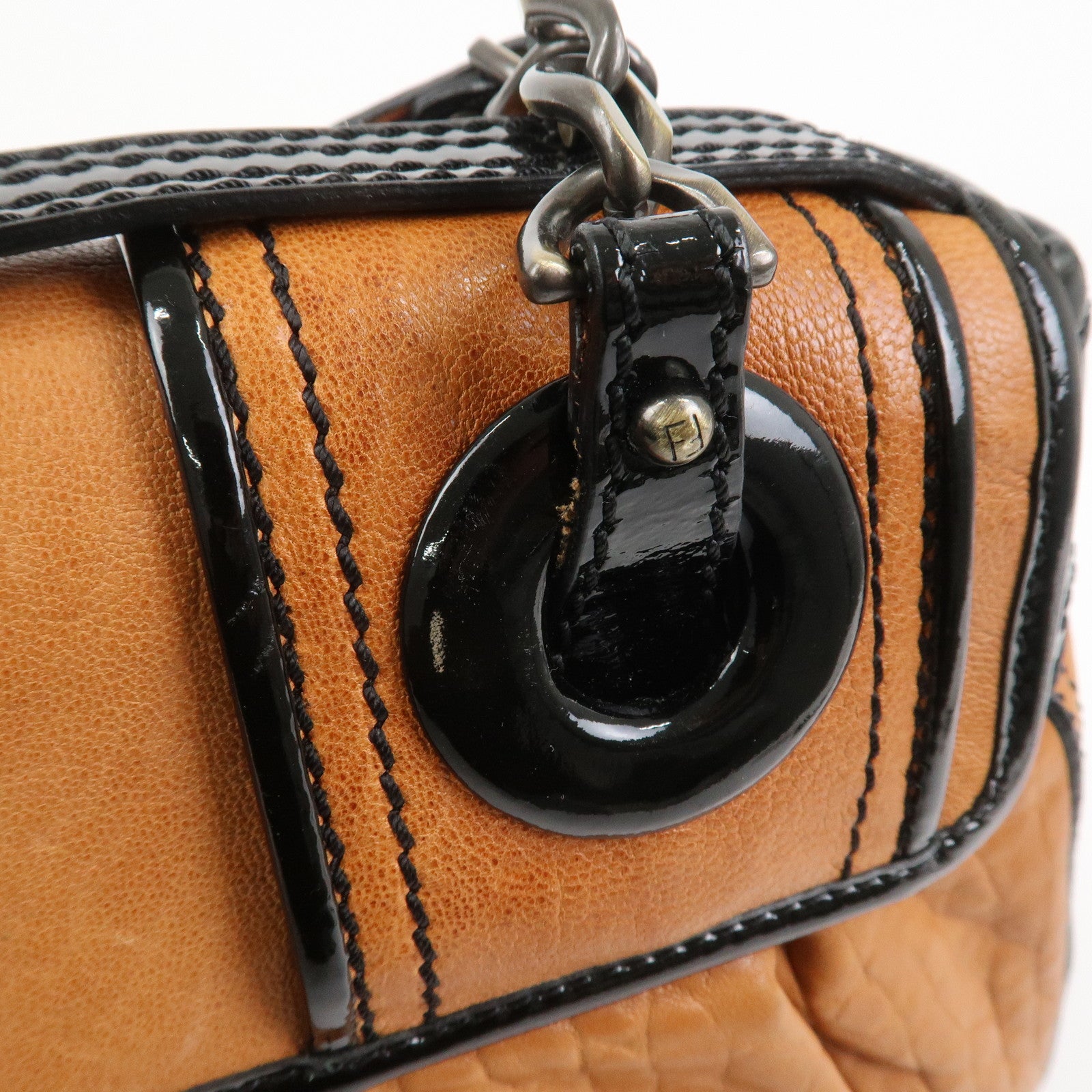 FENDI Patent Leather Shoulder Bag Hand Bag Brown Black 8BN165