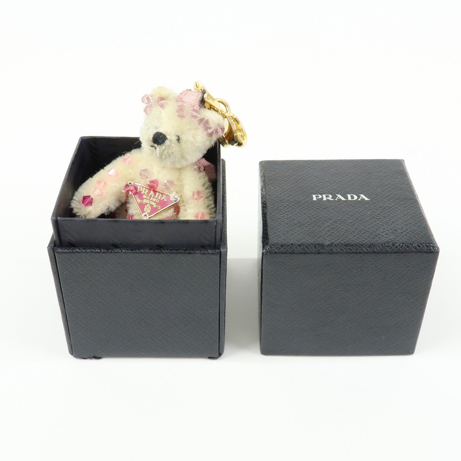 PRADA Triangle Logo Bear Mohair Bag Charm Key Holder Beige Pink