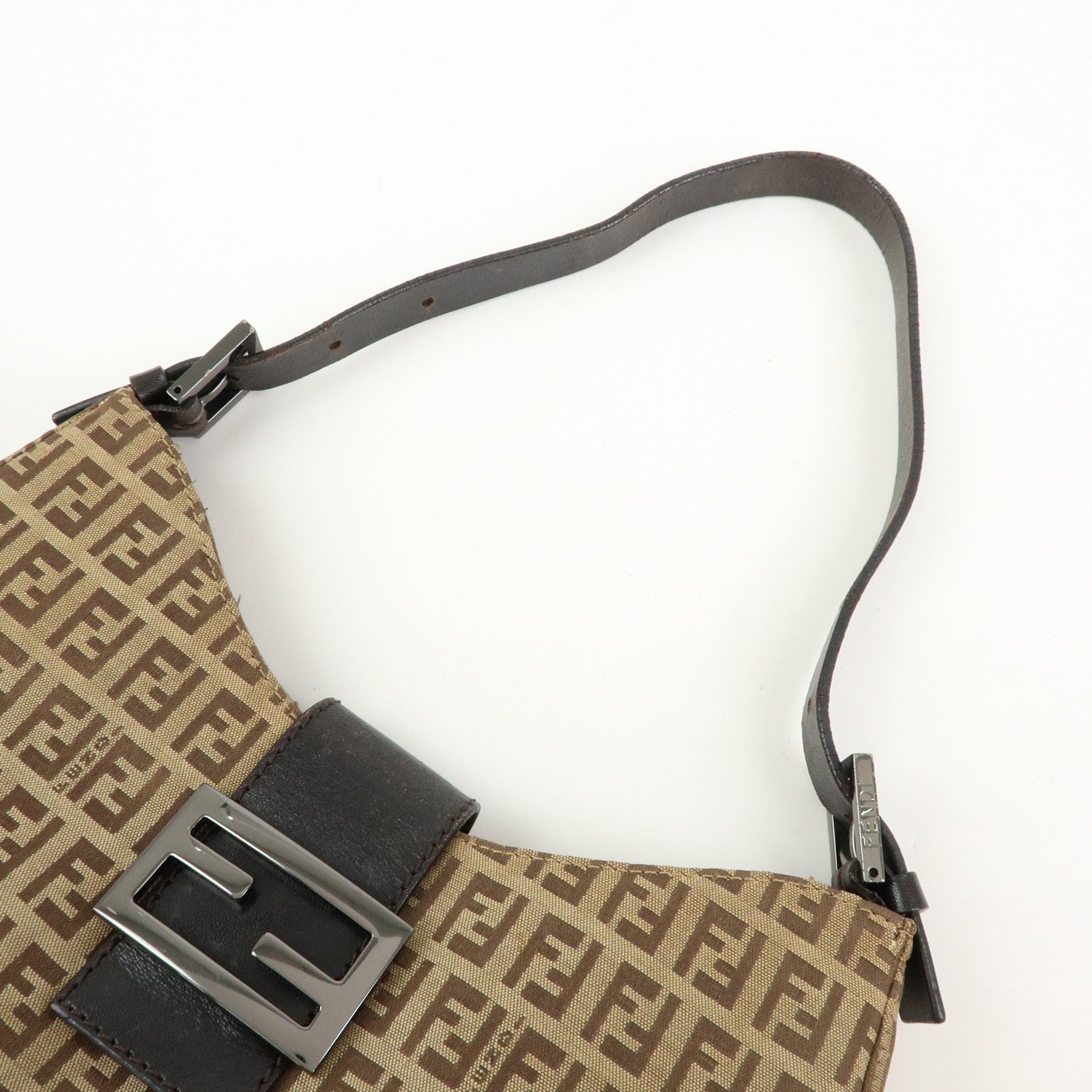 FENDI Zucchino Canvas Leather Shoulder Bag Brown 8BR036