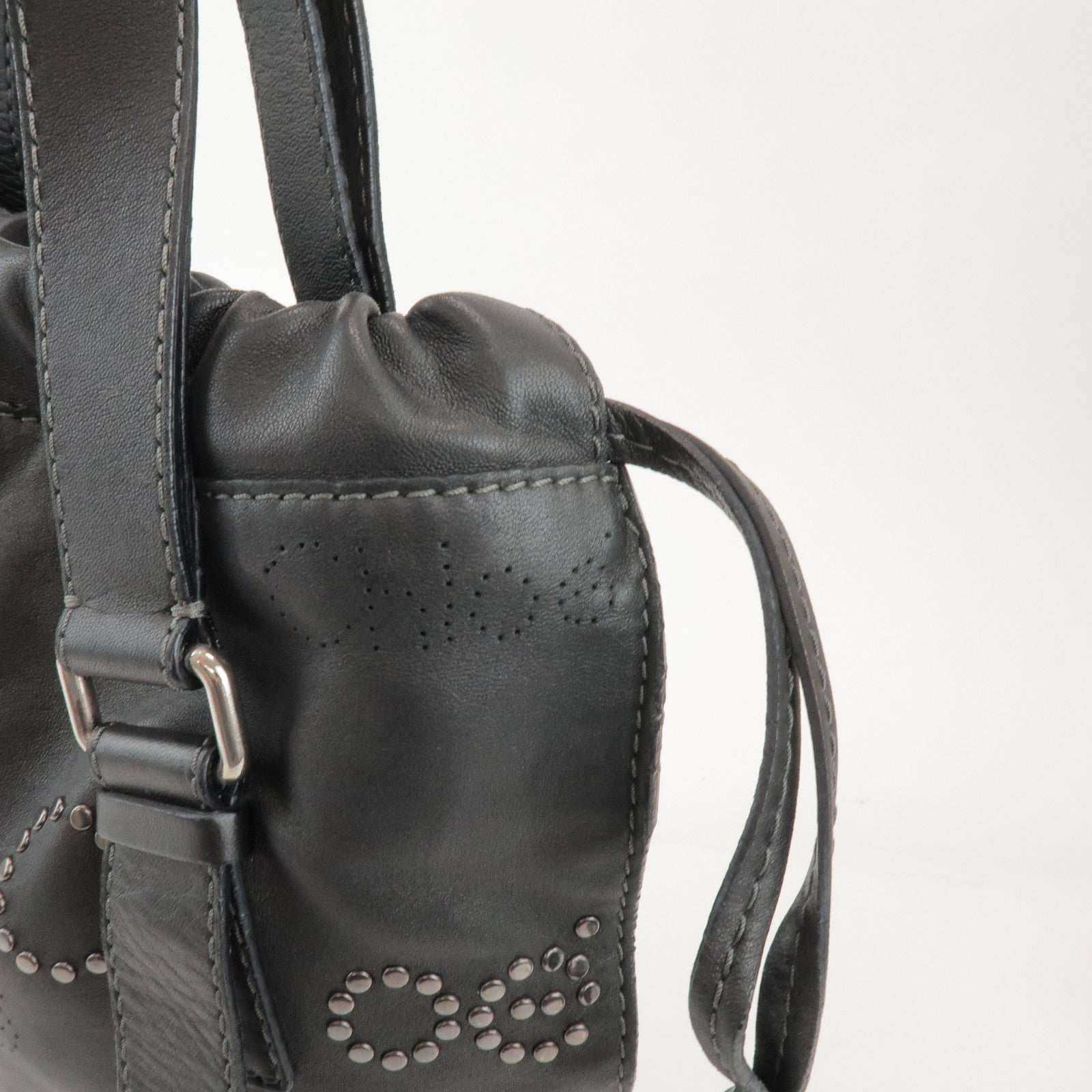 Chloe Leather Drawstring Tote Bag Shoulder Bag Hand Bag Black Studs