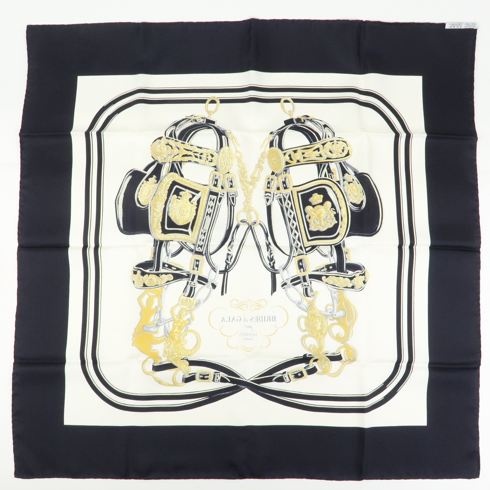 HERMES Carre 90 Silk 100% Scarf BRIDES DE GALA Black Gold