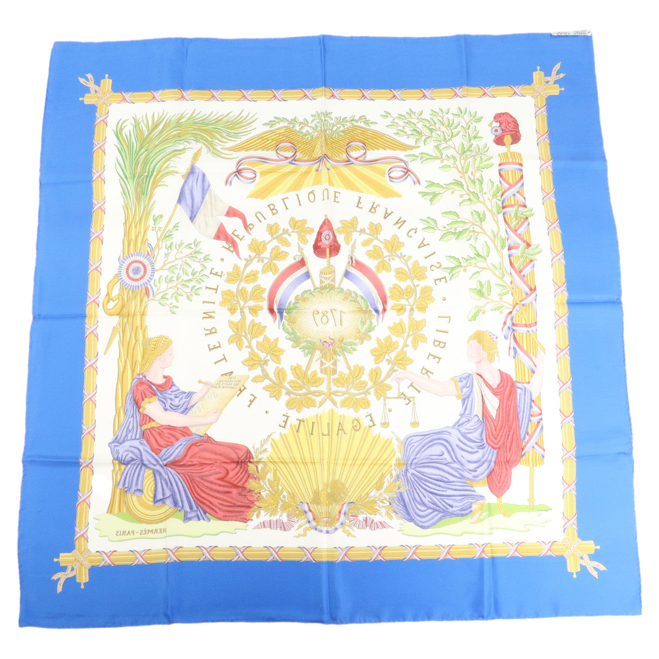 HERMES Carre 90 Silk 100% Scarf Blue Multi Color Used