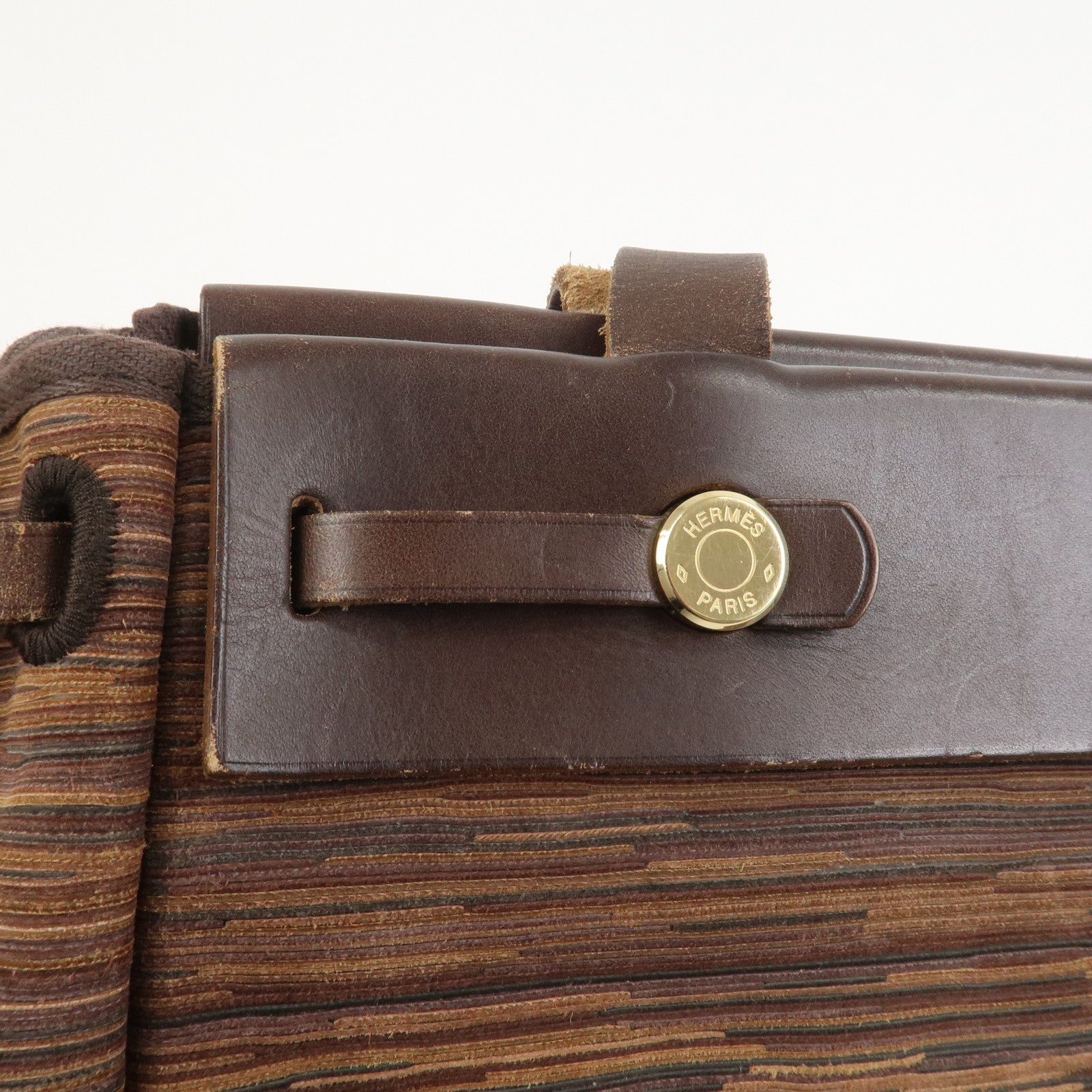 HERMES Cabas PM Airline Toile Officier Leather Shoulder Bag Brown