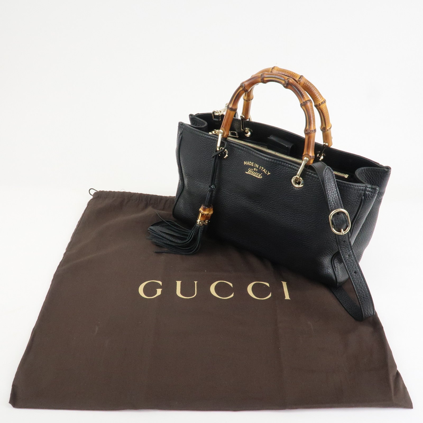 GUCCI Bamboo Leather 2WAY Shopper Medium Tote Bag Black 323660
