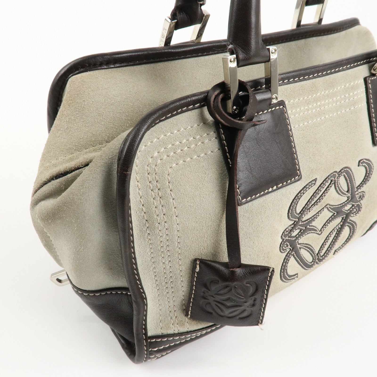 LOEWE Anagram Amazona 28 Suede Leather Hand Bag Ivory Brown Used