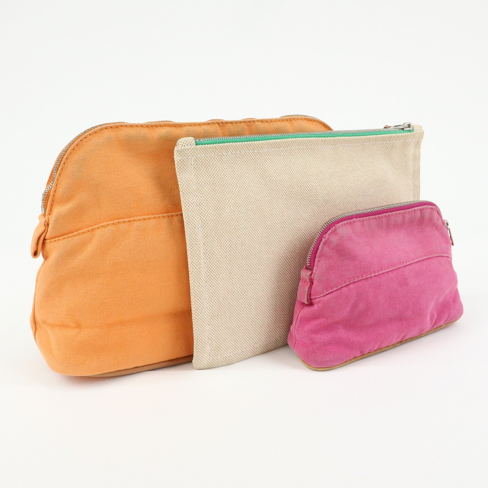 HERMES Bolide Set of 3 Canvas Pouch Cosmetic Case Orange Pink Beige