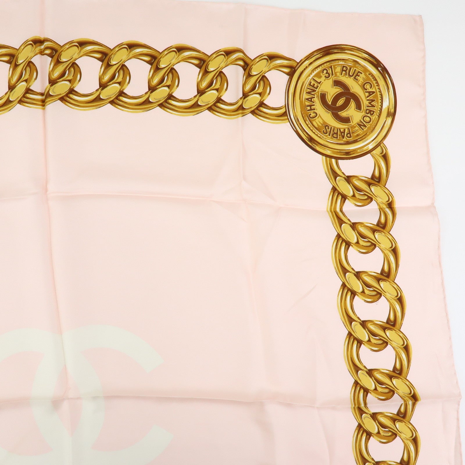 CHANEL COCO Mark Silk 100% Scarf Chain Pearl Motif Pink