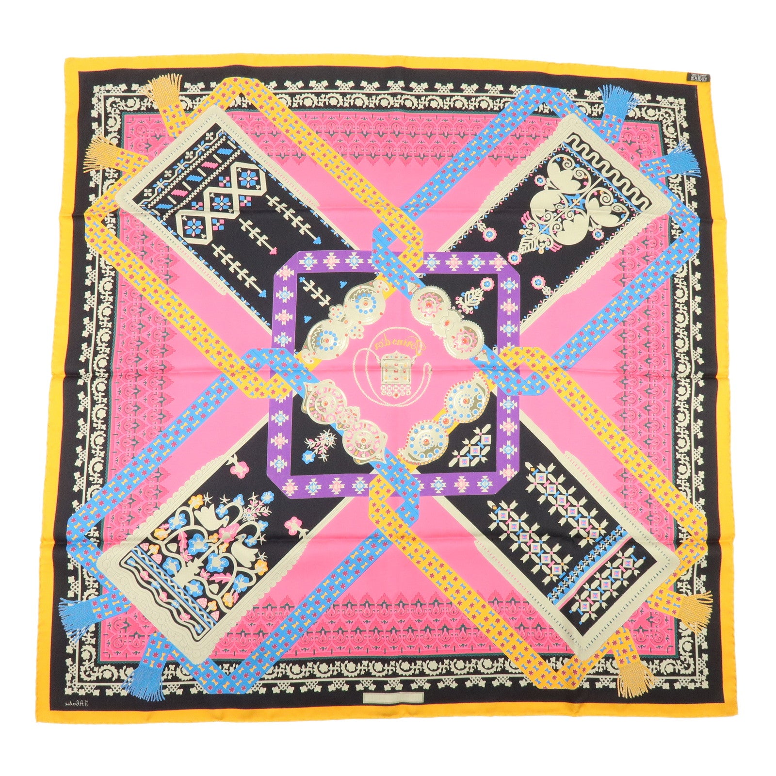 HERMES Carre 90 Silk 100% Scarf Brins d'or Pink Black Multi Color
