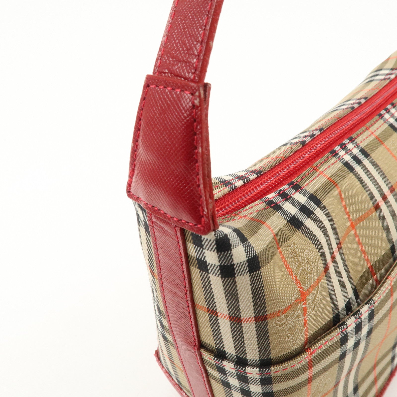 BURBERRY Canvas Leather Nova Plaid Shoulder Bag Hand Bag Beige Red
