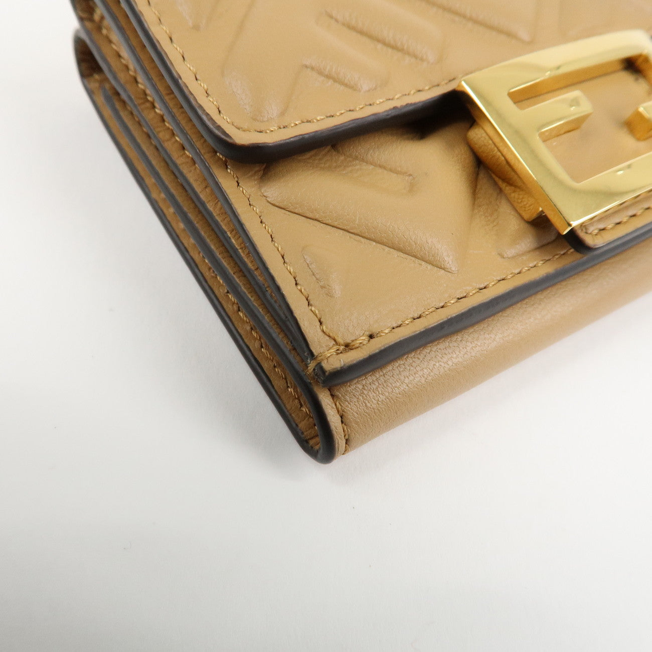 FENDI Zucca Baguette Leather Micro Tri-fold Wallet Beige 8M0395 Used