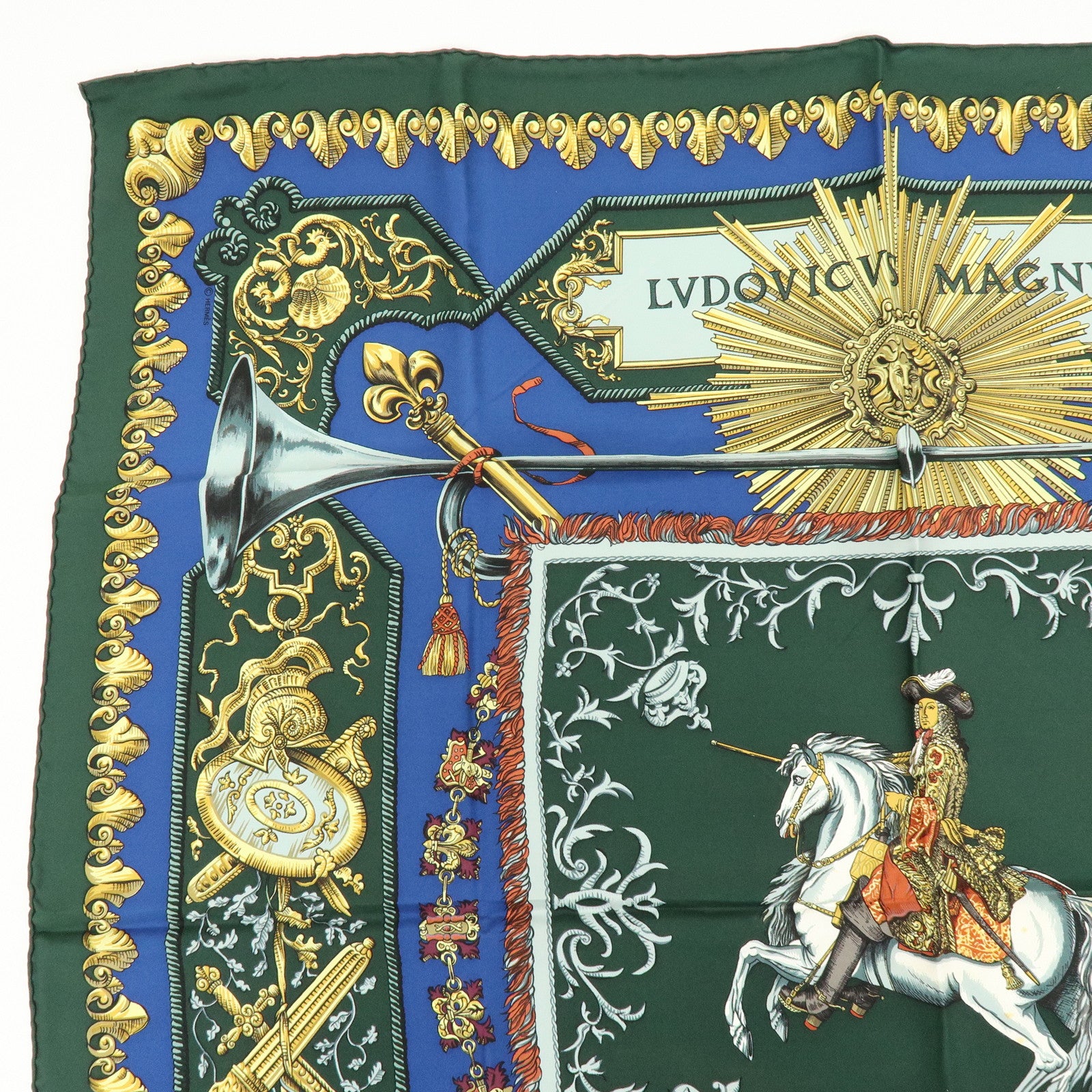 HERMES Carre 90 Silk 100% LVDOVICVS MAGNVS Scarf Green