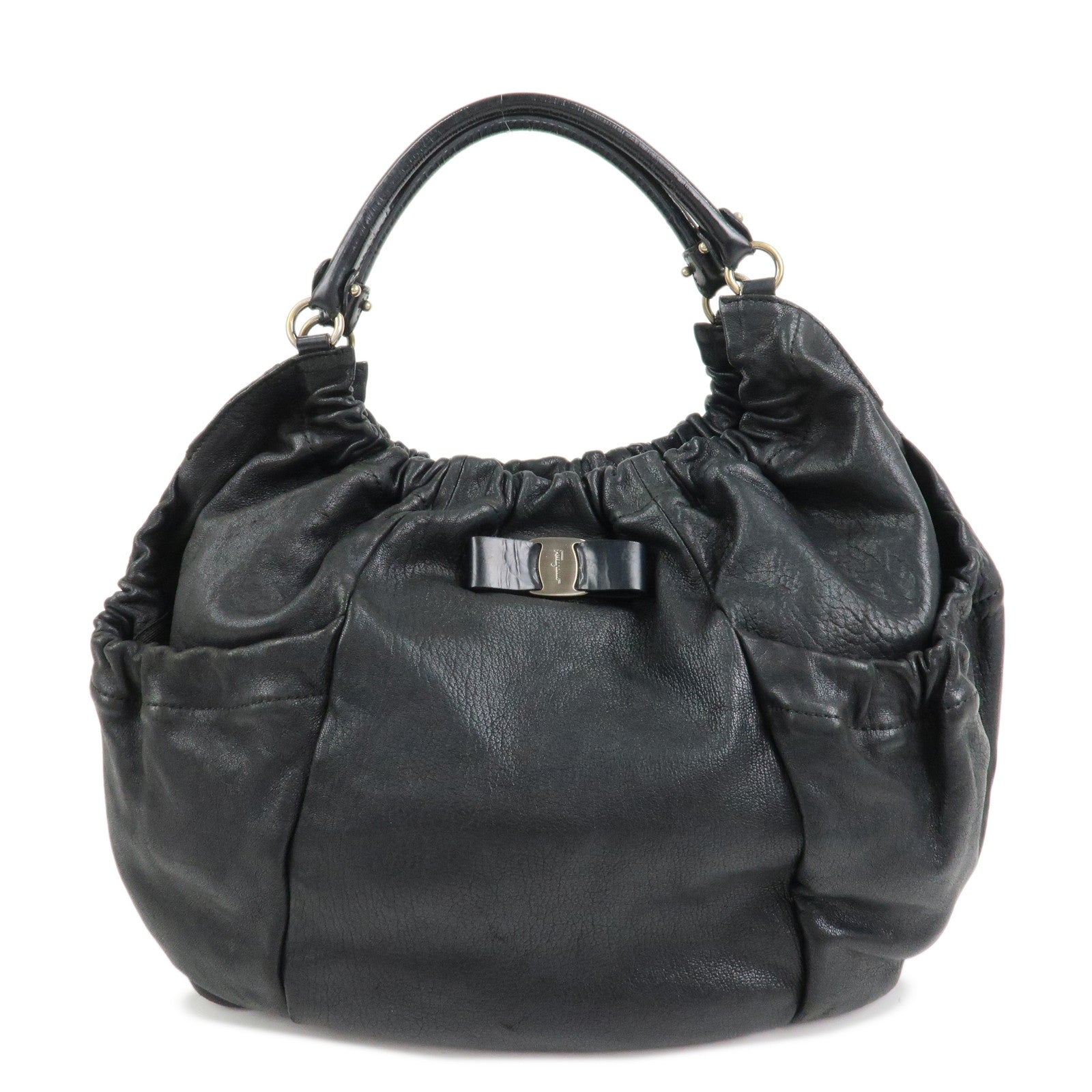 Ferragamo Leather  Patent Leather Shoulder Bag Hand Bag Black