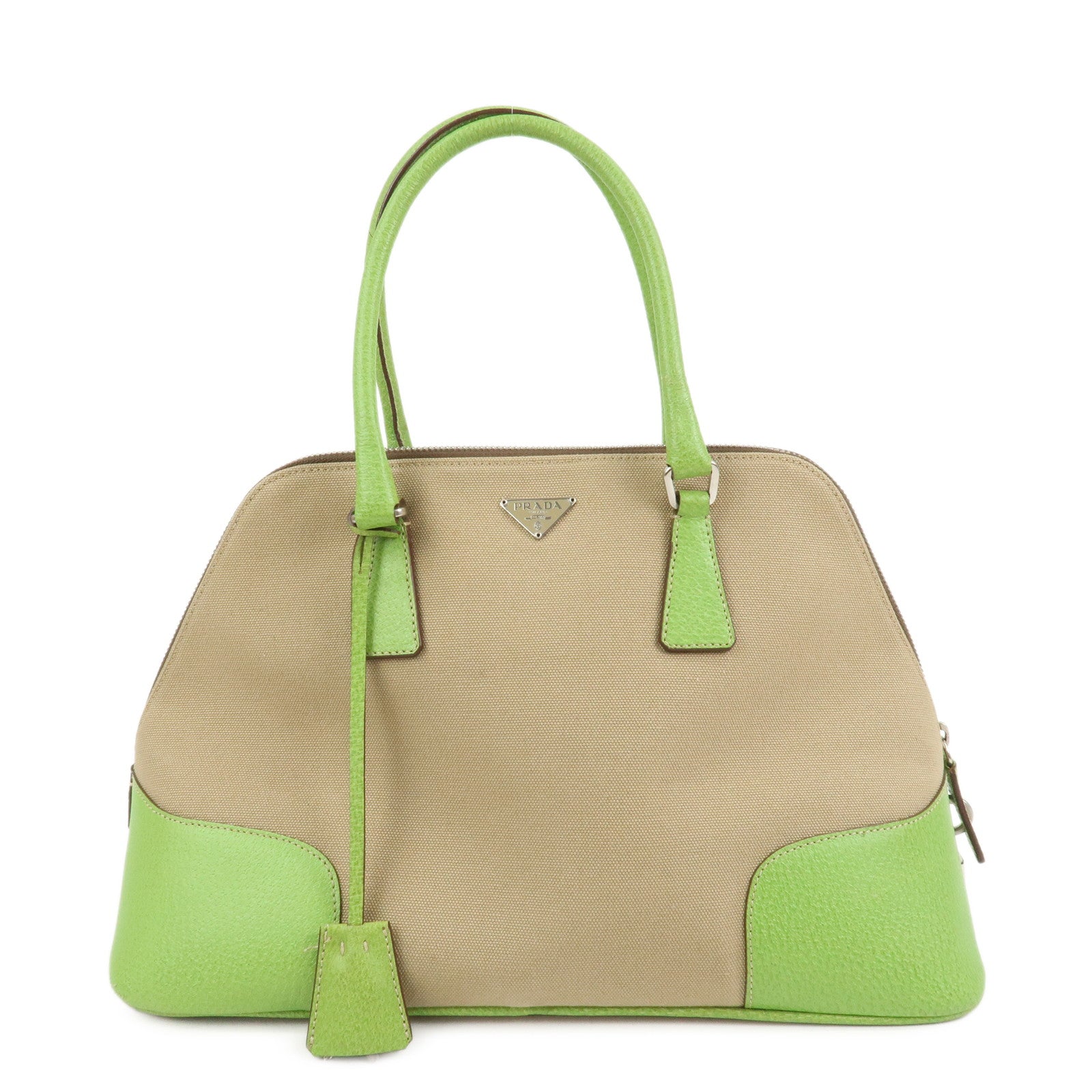 PRADA Canvas Leather Tote Bag Hand Bag  Beige Light Green BN0082