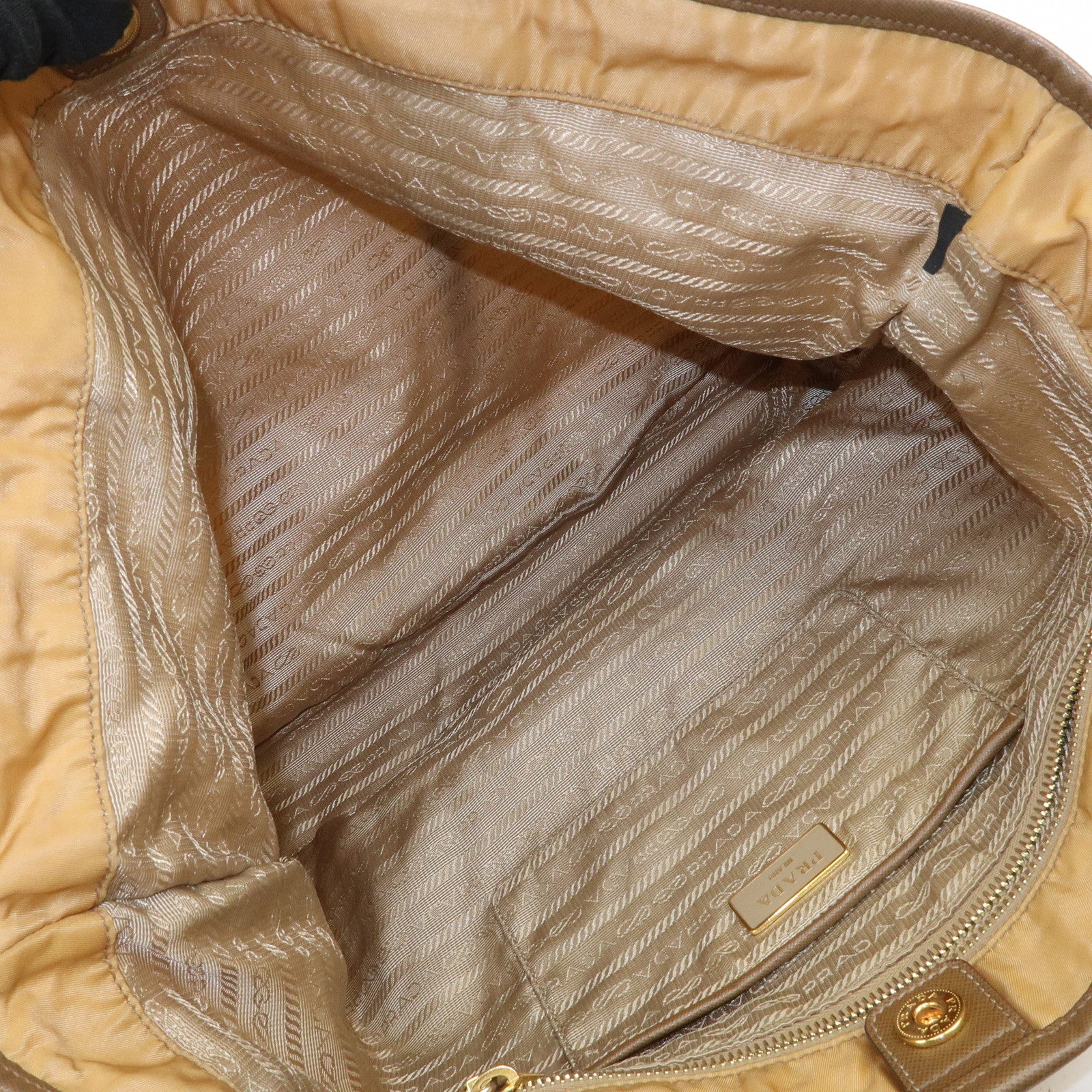 PRADA Logo Nylon Saffiano Leather Tote Bag Shoulder Bag Light Brown